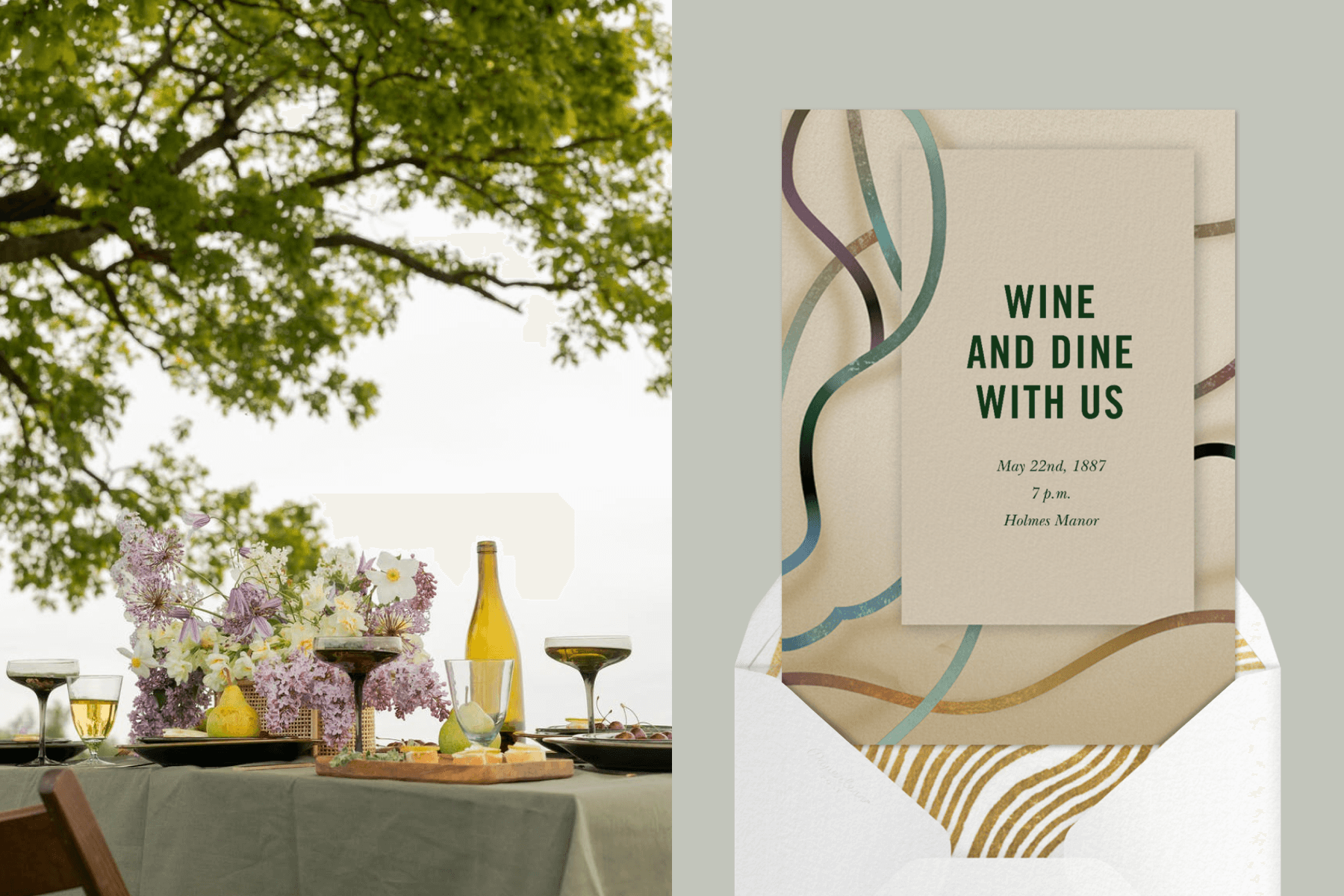 Left: Flowers and wine on a table under a tree; Right: A wine tasting event invitationwith iridescent lines.