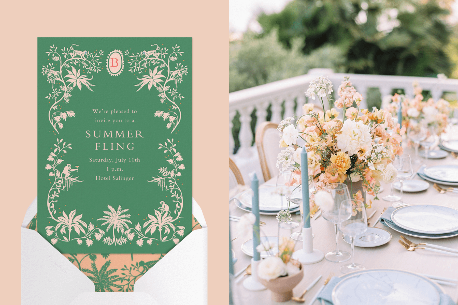 Left: A green party invitation with cream tropical florals; Right: A peach and light blue table setting.