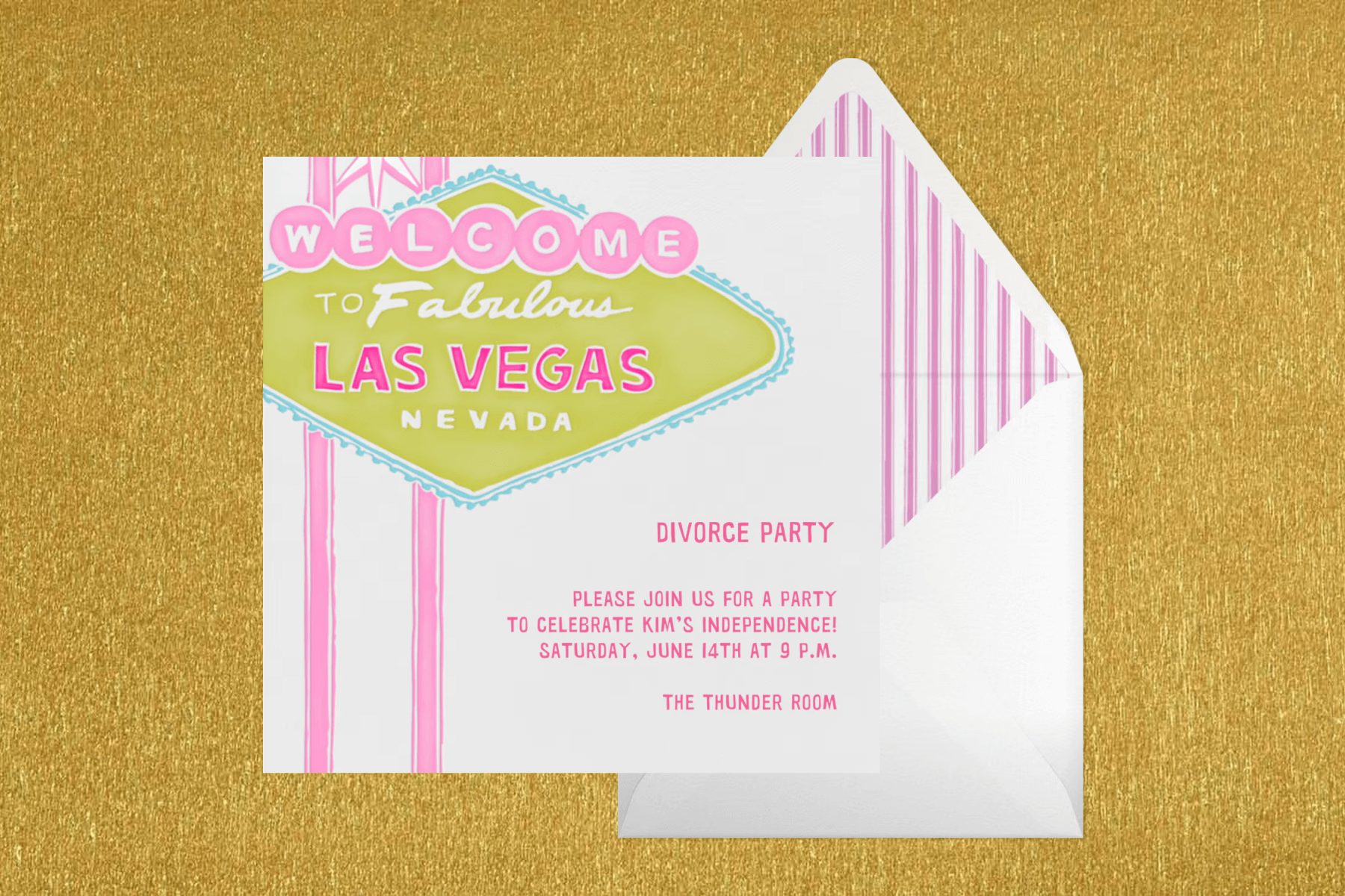 A gold textured background with a pink and green Las Vegas-themed divorce party invitation paired with a white envelope and pink and white striped envelope liner.