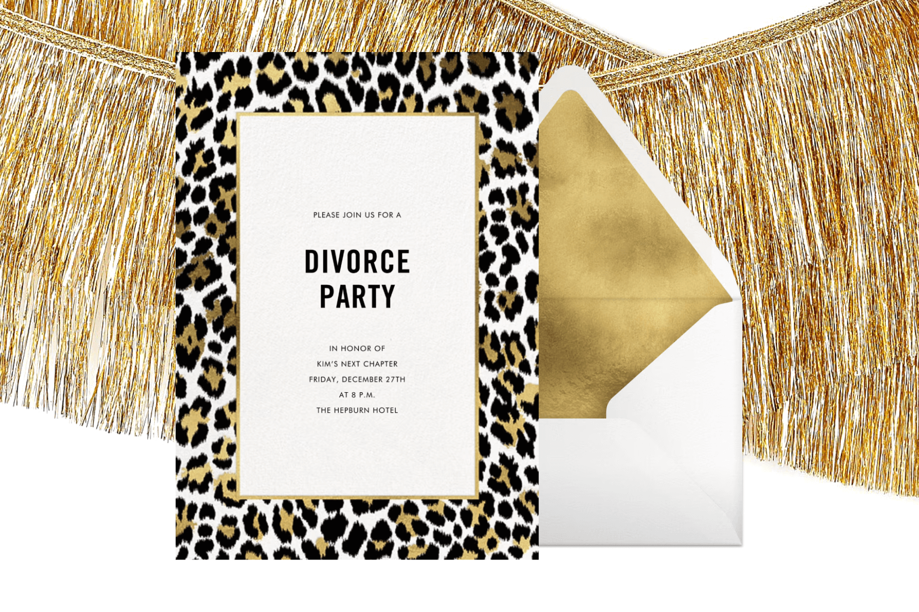 A white background with gold fringe with a leopard divorce party invitation paired with a white envelope and gold envelope liner.