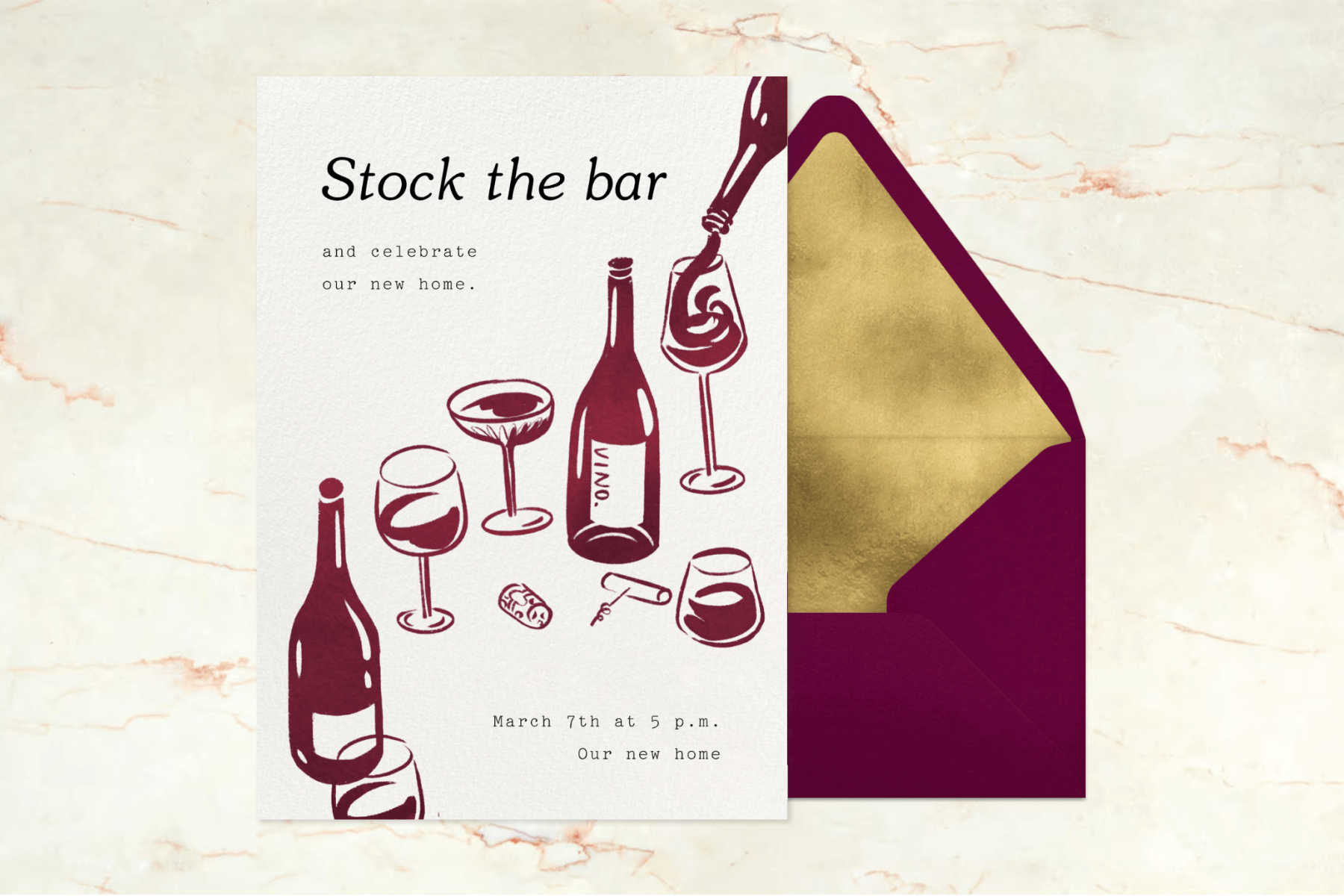 An invitation for a stock the bar housewarming party featuring maroon wine bottle and glass illustrations and a maroon envelope with a gold envelope liner.