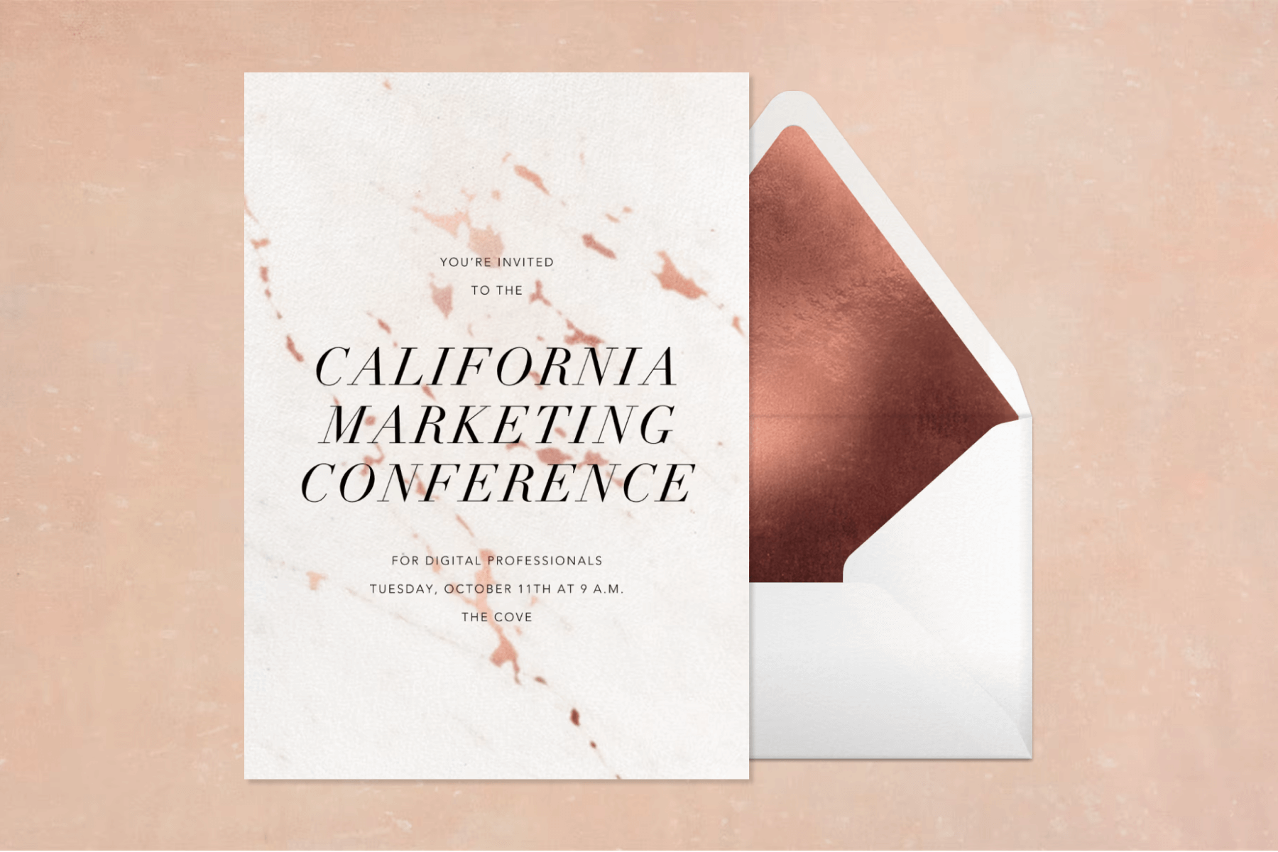 A marbled invitation for a ‘California marketing conference’ with an envelope with copper liner.