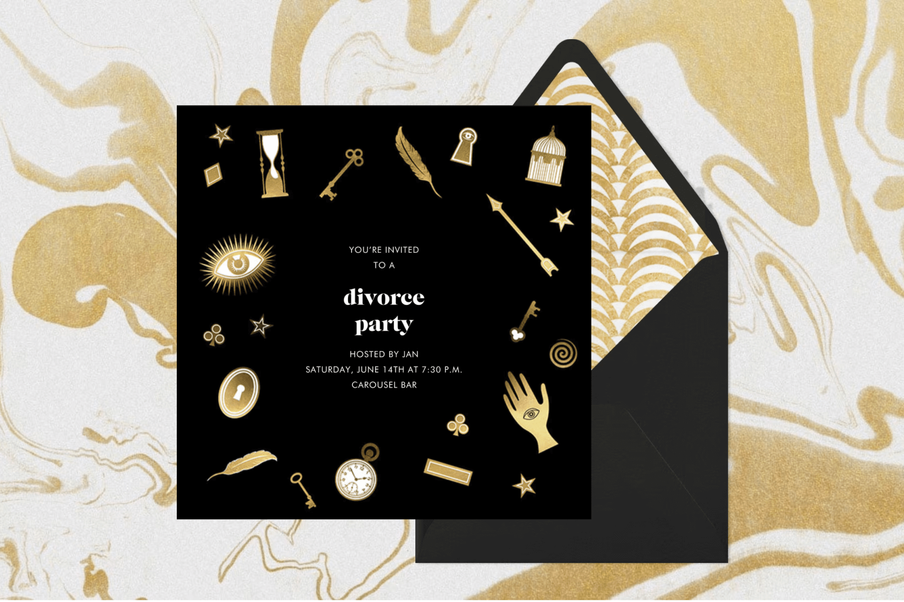A gold and white swirl background with a black divorce party invitation with mystical gold graphics paired with a black envelope and gold and white envelope liner.