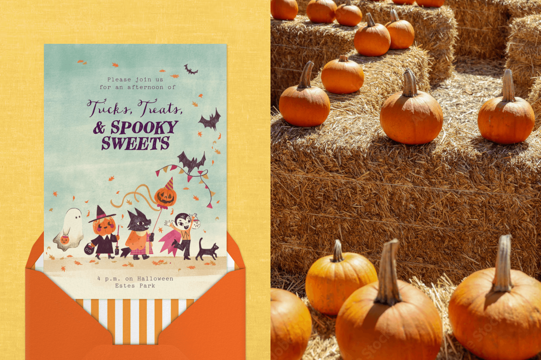 LEFT: A light blue watercolor Halloween invitation with illustrations of children dressed as a ghost, a witch, a cat, and a vampire parading with a black cat among bats and falling leaves sits atop an orange envelope with a striped orange liner against a mustard yellow backdrop. RIGHT: A photo of small pumpkins sitting on stacked hay bales.