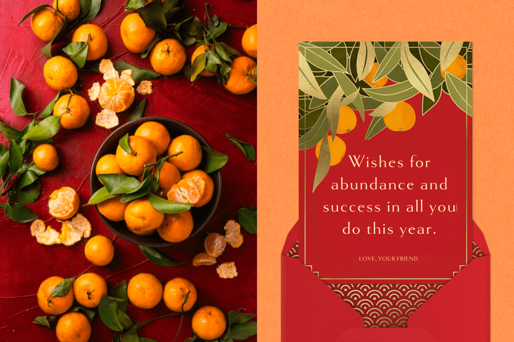 Many tangerines in and around a bowl; a red invitation with oranges and leaves on the top.