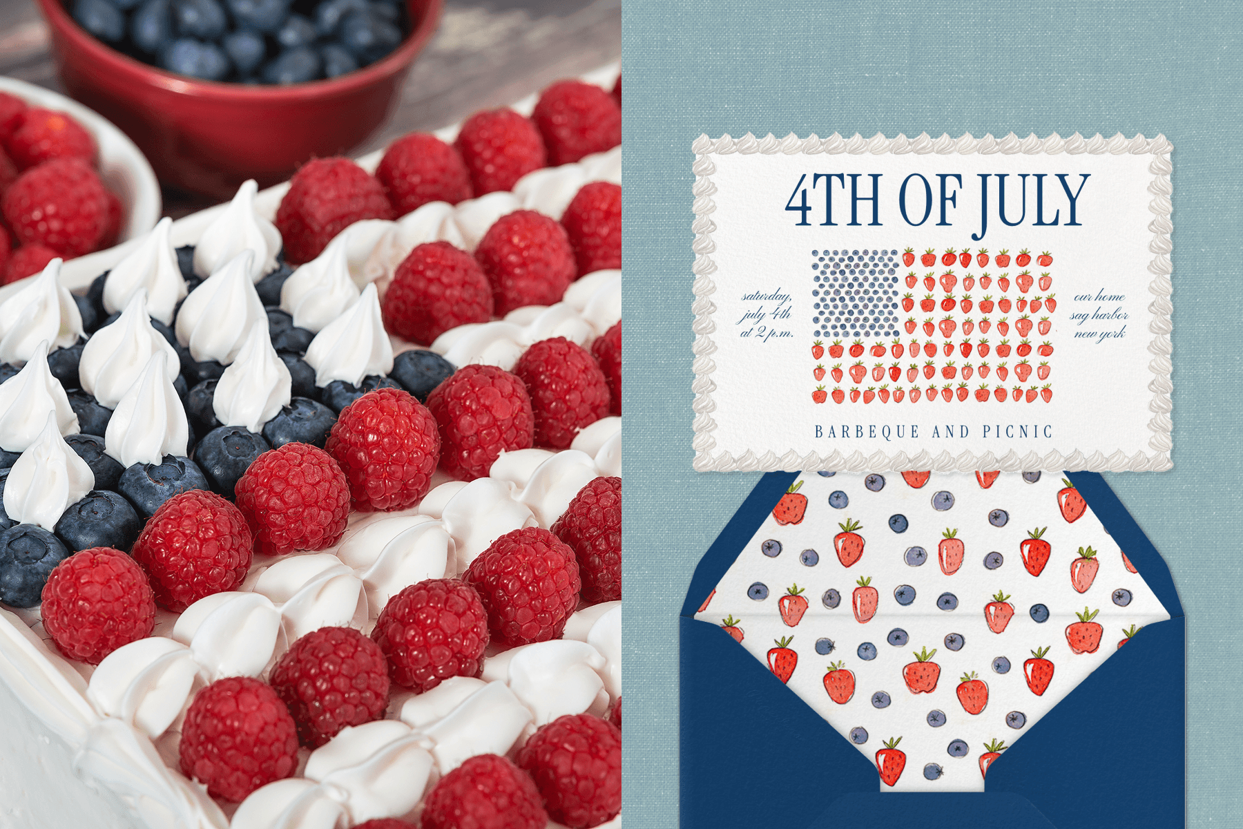 Left: An American flag-themed cake with raspberries and whipped cream representing red-and-white stripes, and blueberries and whipped cream representing the blue background and white stars. Right: An American flag cake-themed 4th of July party invitation sits atop a blue envelope with a fruit motif interior against a textured blue backdrop.