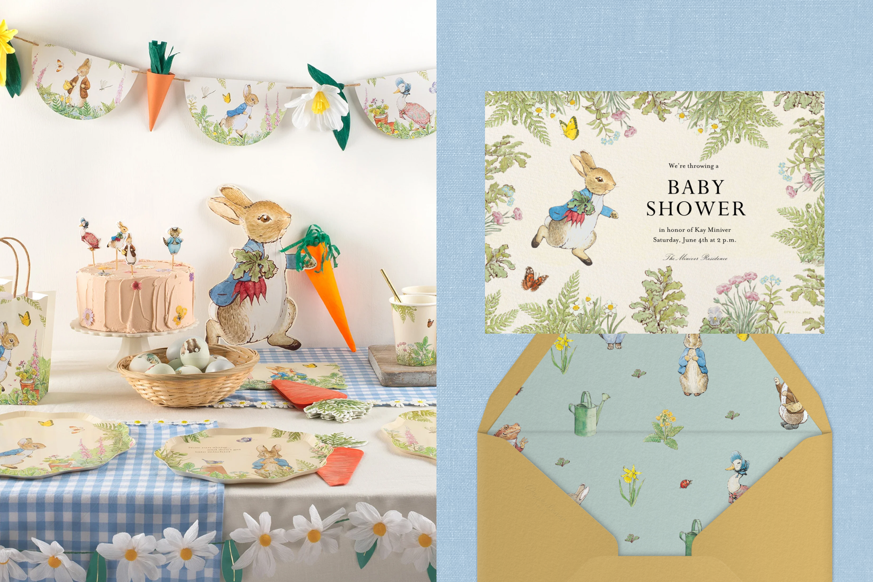 A blue gingham table decorated with Peter Rabbit party supplies; a baby shower invitation with Peter Rabbit and garden greens with a matching envelope.