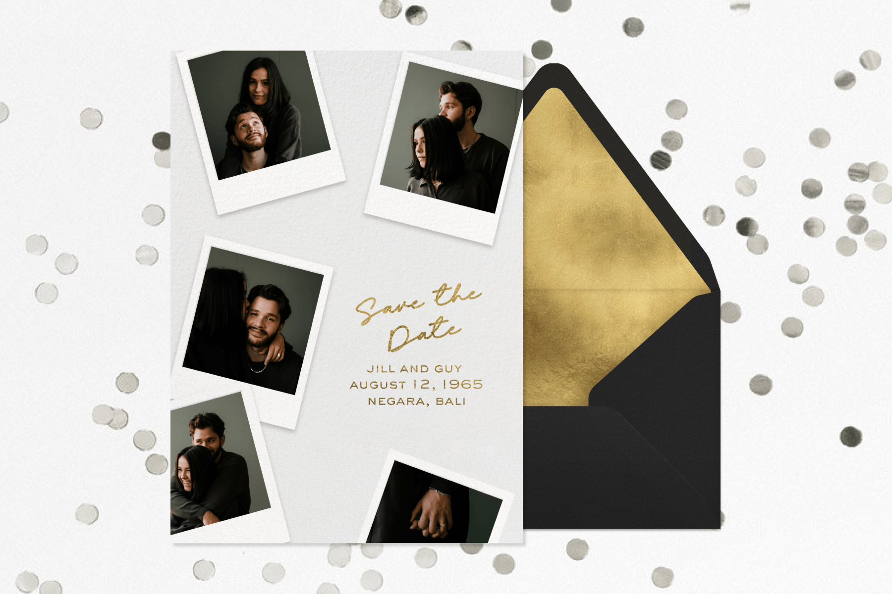 A white save the date card featuring multiple polaroids of a couple sits on a black envelope with gold lining above a white backdrop with confetti.