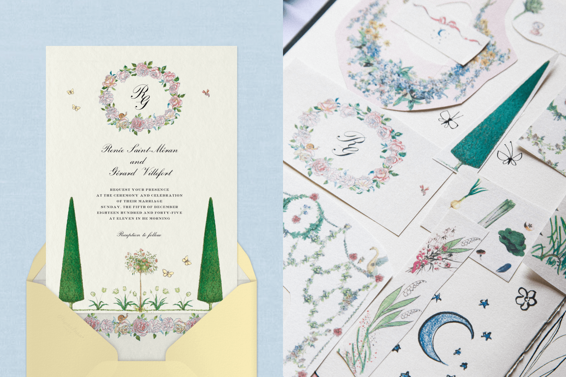 Left: A Stephanie Fishwick wedding invitation with a floral wreath and two trees; Right: Several pieces of paper with drawings and calligraphy.