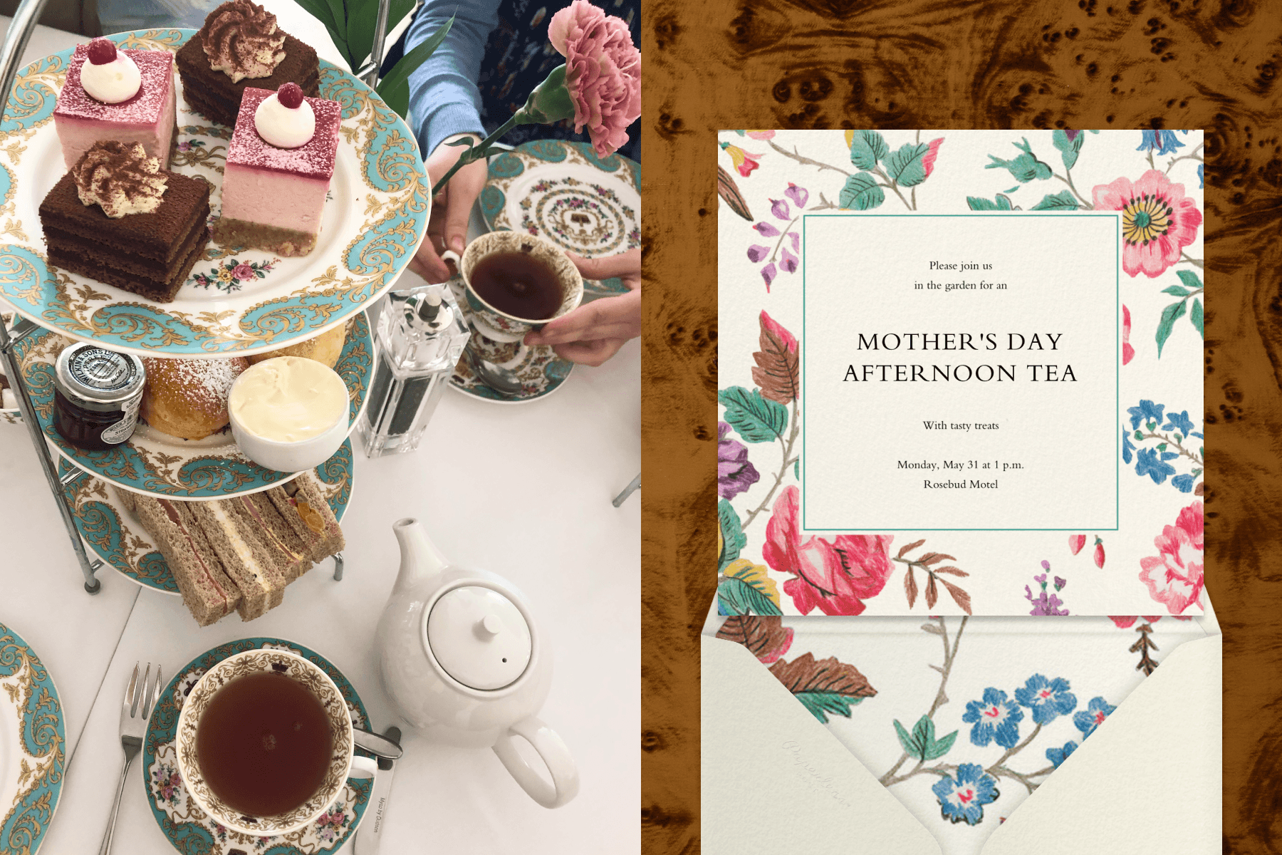 Left: A table filled with tea, sandwiches, and an assortment of food on a tiered snack tower. Right: An invitation for a Mother’s Day afternoon tea party with colorful illustrations of flowers over a brown woodgrain background.