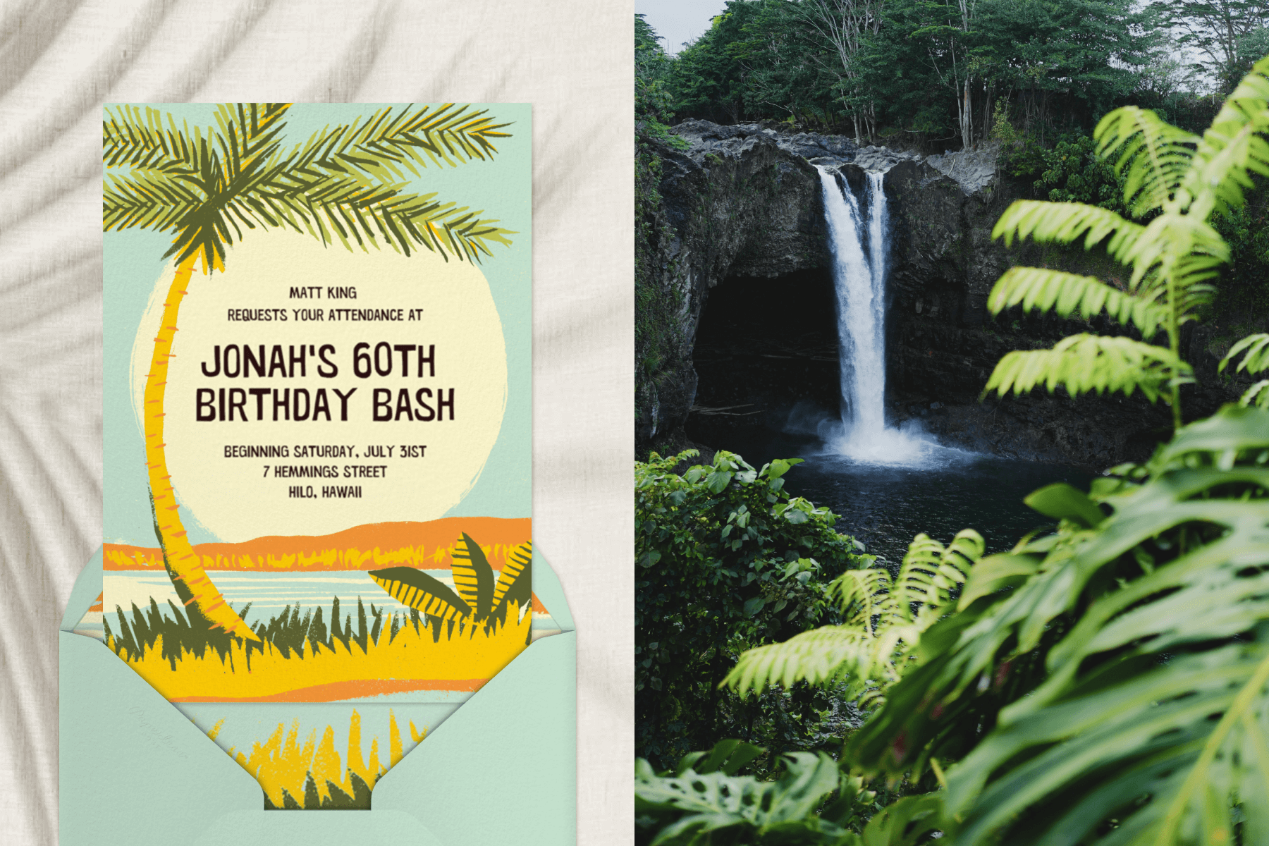Left: “Seaside Sunrise” invitation by Paperless Post featuring a palm tree and beach scene on an orange background; Right: Photo of a lush tropical waterfall.