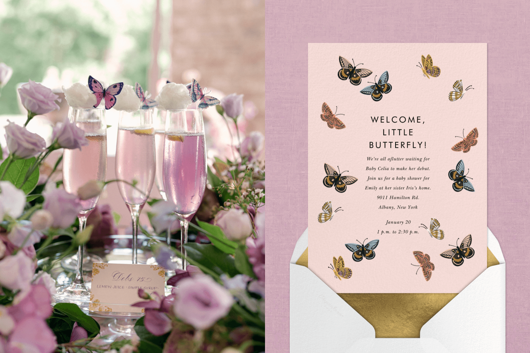 Three purple drinks in Champagne flutes with matching flowers and butterfly garnishes; an invitation with colorful butterflies.
