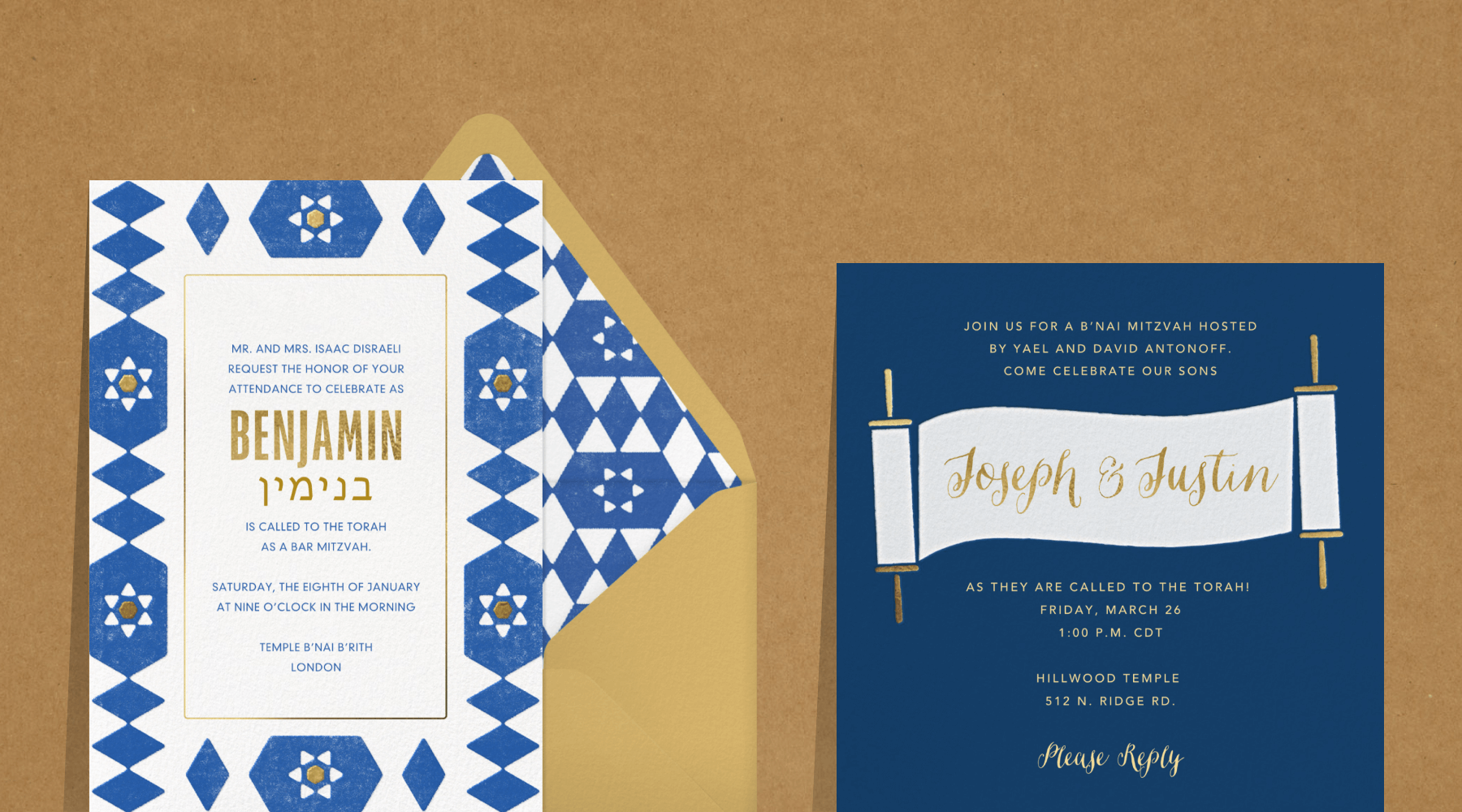 An invitation with a blue tile border and abstract Stars of David; a blue invitation with a white Torah scroll.