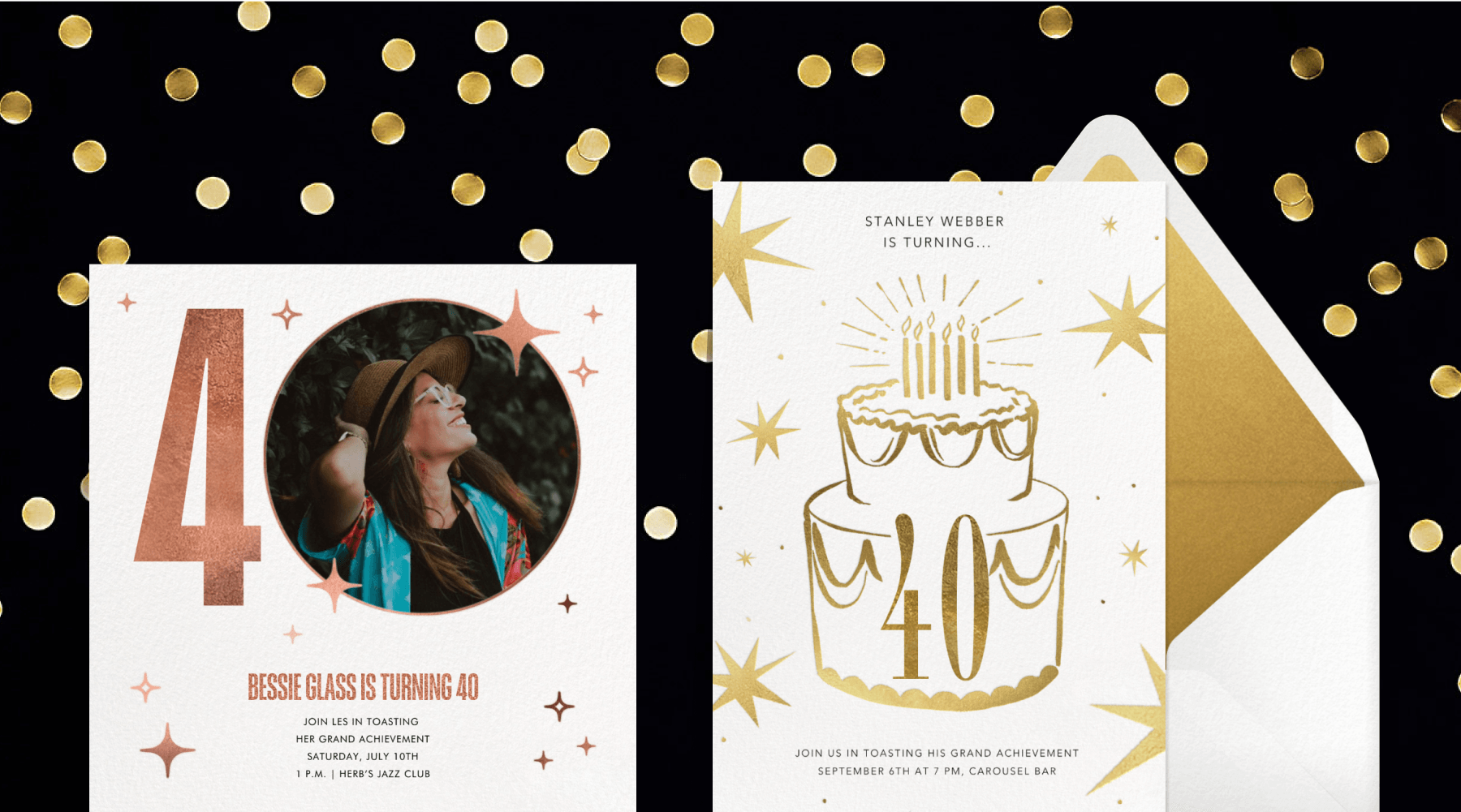 Two 40th birthday party invitations, the left has a big “40” with a photo in the 0, and the right has a gold cake with the words “40” on it.