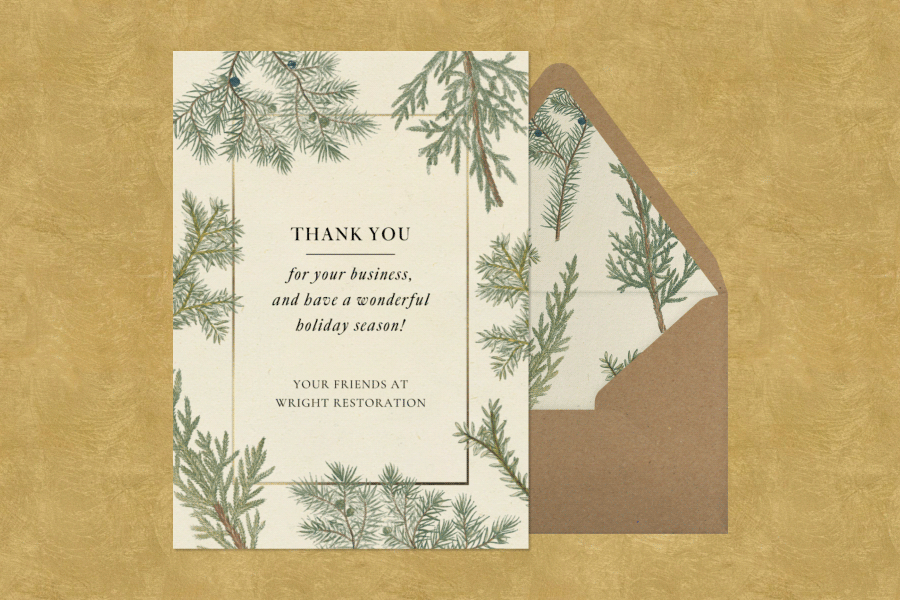 A holiday card with a border of fir tree branches animates to display various messages.