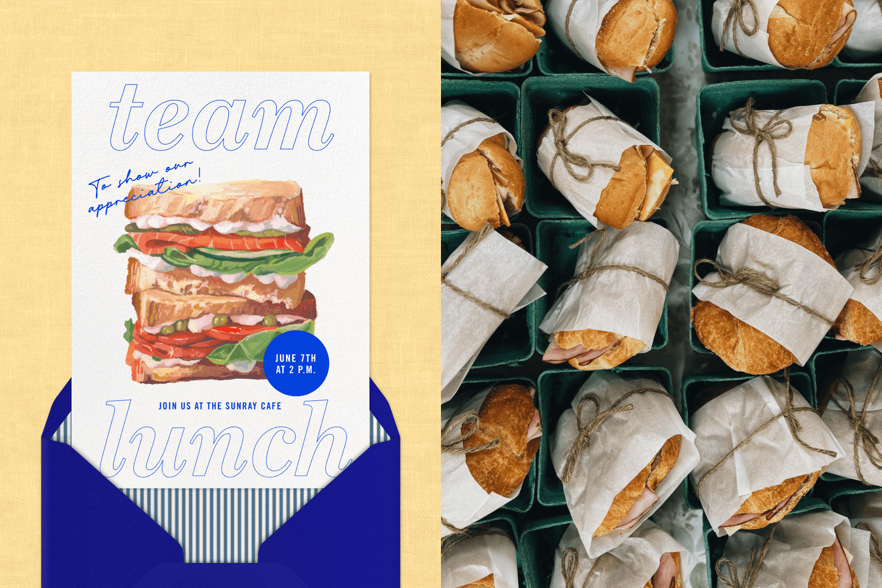 LEFT: A team lunch invitation with blue text and an illustration of two stacked sandwiches. The invitation emerges from a blue envelope with a blue-and-white striped lining, set against a yellow backdrop. RIGHT: A large assortment of sandwiches wrapped in parchment paper and tied with twine sits in individual green boxes.