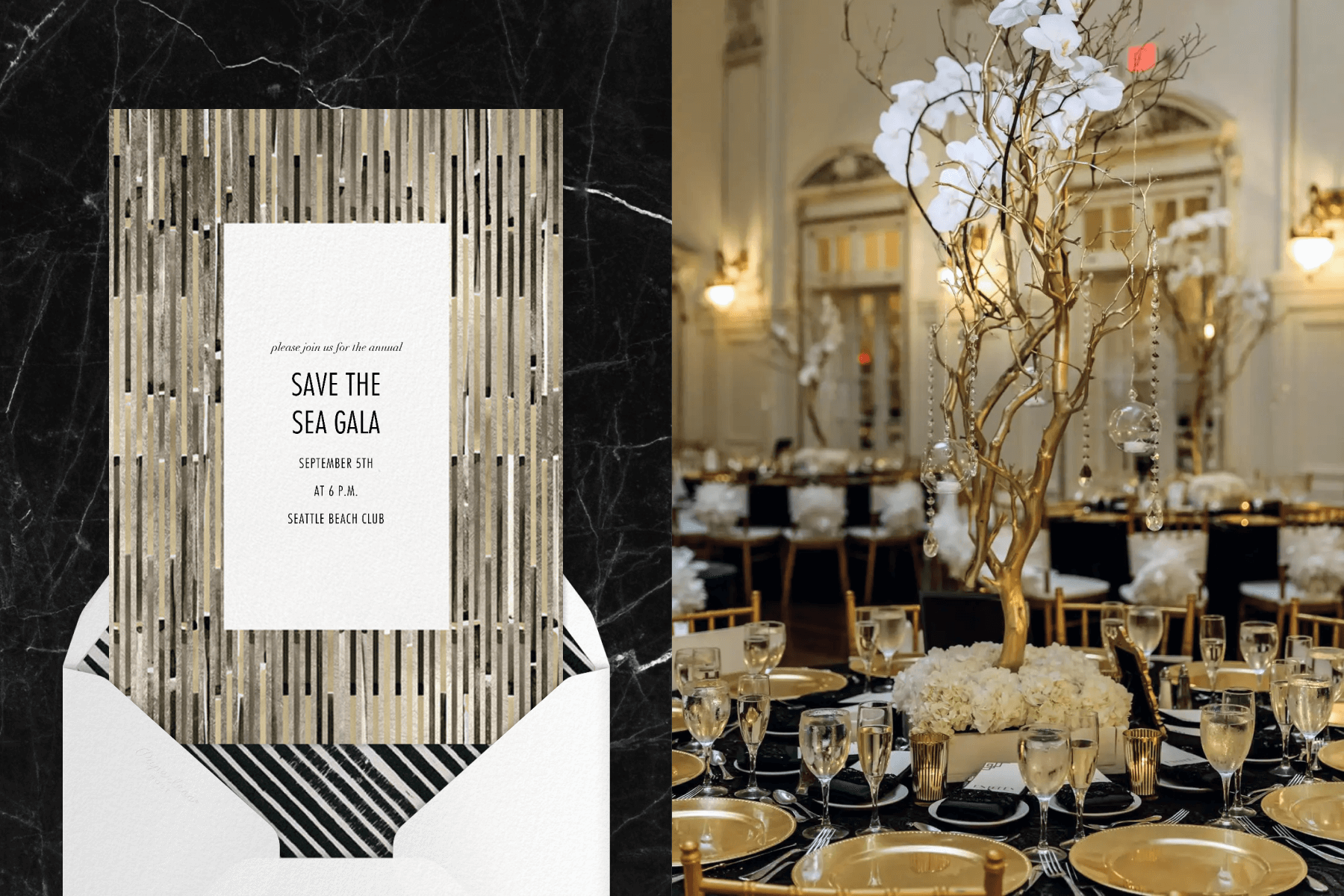 Left: An invitation reads “save the sea” gala on top of a black, gold, and white abstract, striped vertical background with matching envelope. Right: A decorated table is set with gold plates, wine and champagne glasses and golden votives. A golden tree centerpiece is surrounded by white flowers in the center of the round table.