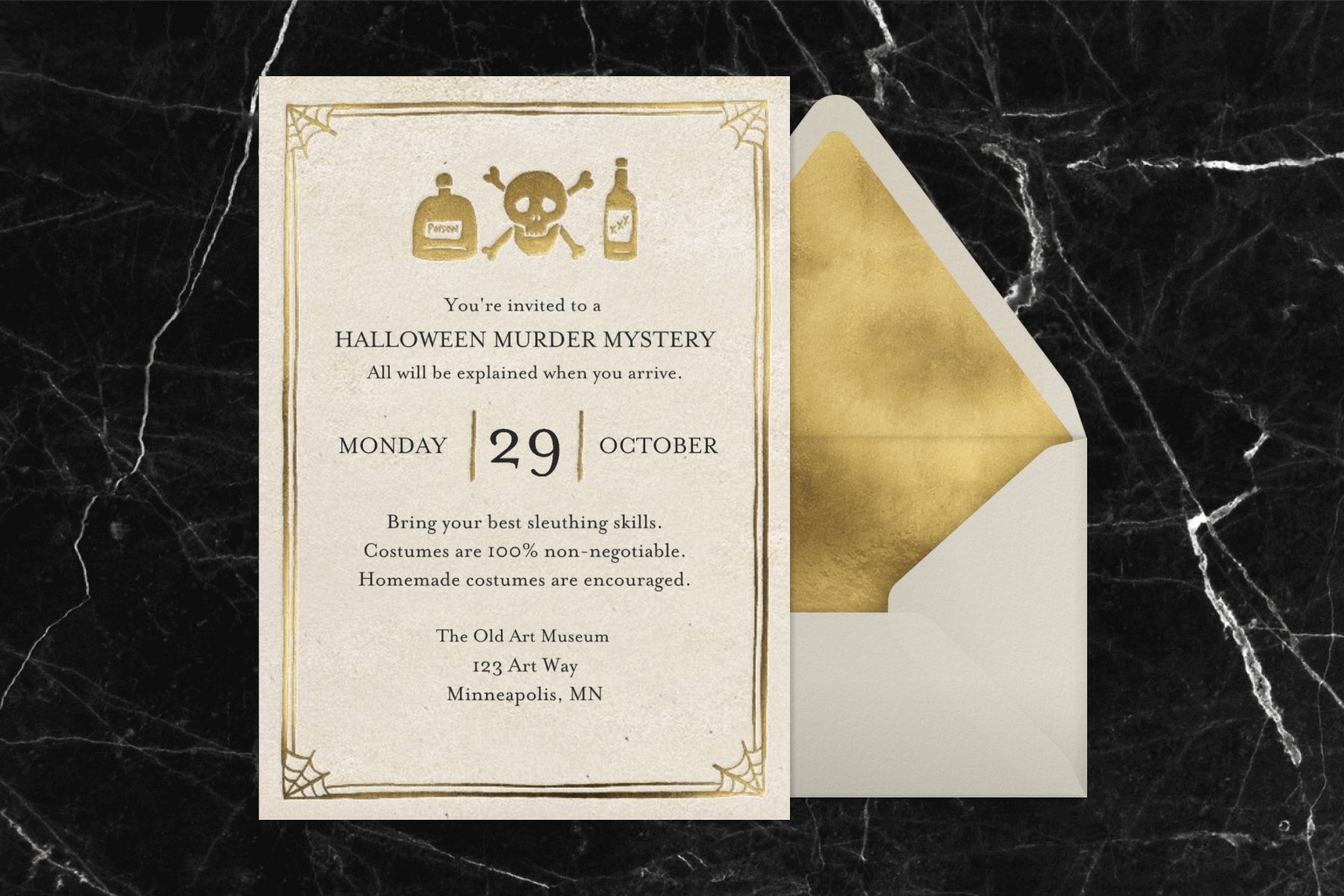 A Halloween murder mystery party invitation has a gold border with cobwebs in the corners and gold poison bottles and a skull and crossbones at the top beside a matching envelope with gold liner on a black marble background.