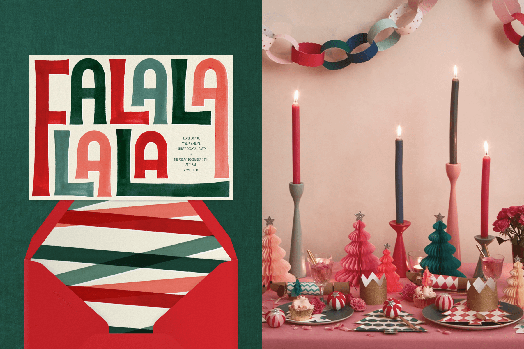 An invitation reads “FALALALALA” in retro block print red and green letters; a table with multicolor taper candles in mismatched holders with honeycomb trees, mini crowns, and other holiday party favors.