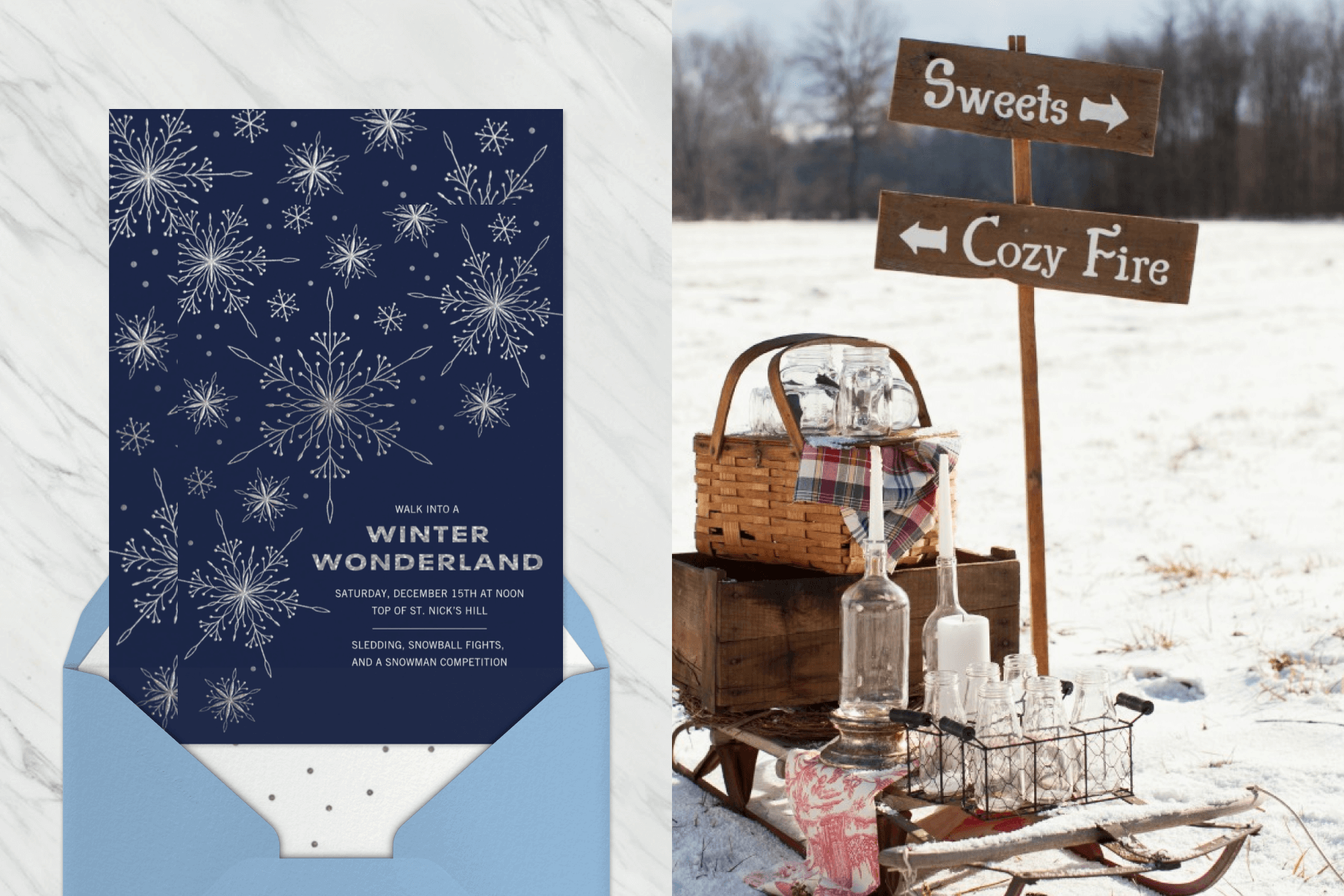 Left: A holiday party invitation with illustrated snowflakes; Right: A sled with party supplies.