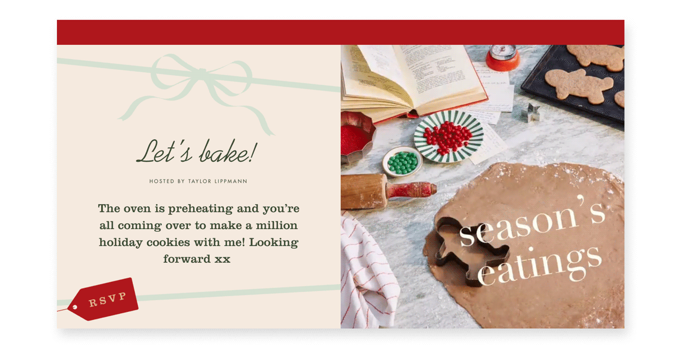 An online invitation shows gingerbread cookies being made.