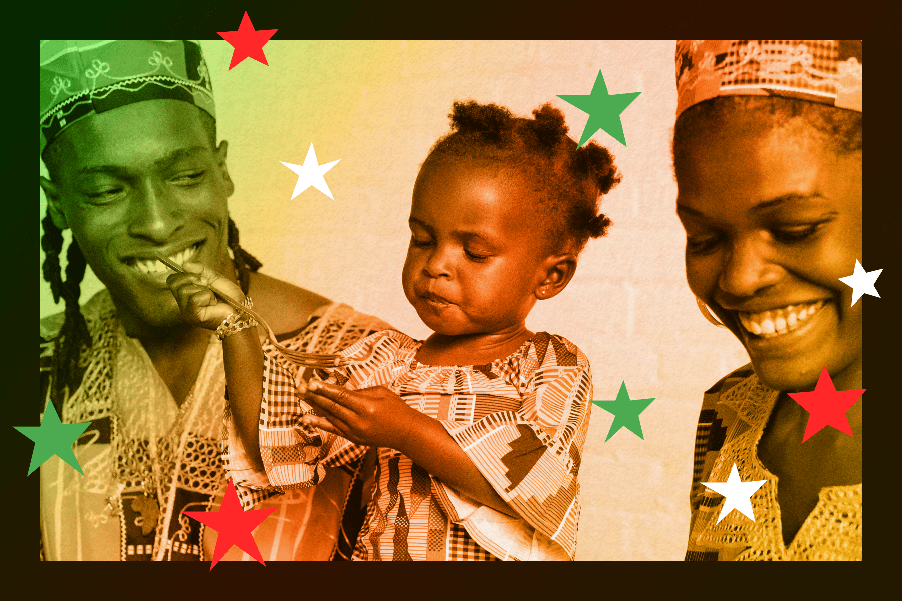 A green, red, and yellow-tinted image of a man, a woman, and a young child dressed in cultural garments with red, white, and green star props laid overtop and a black rectangular border.