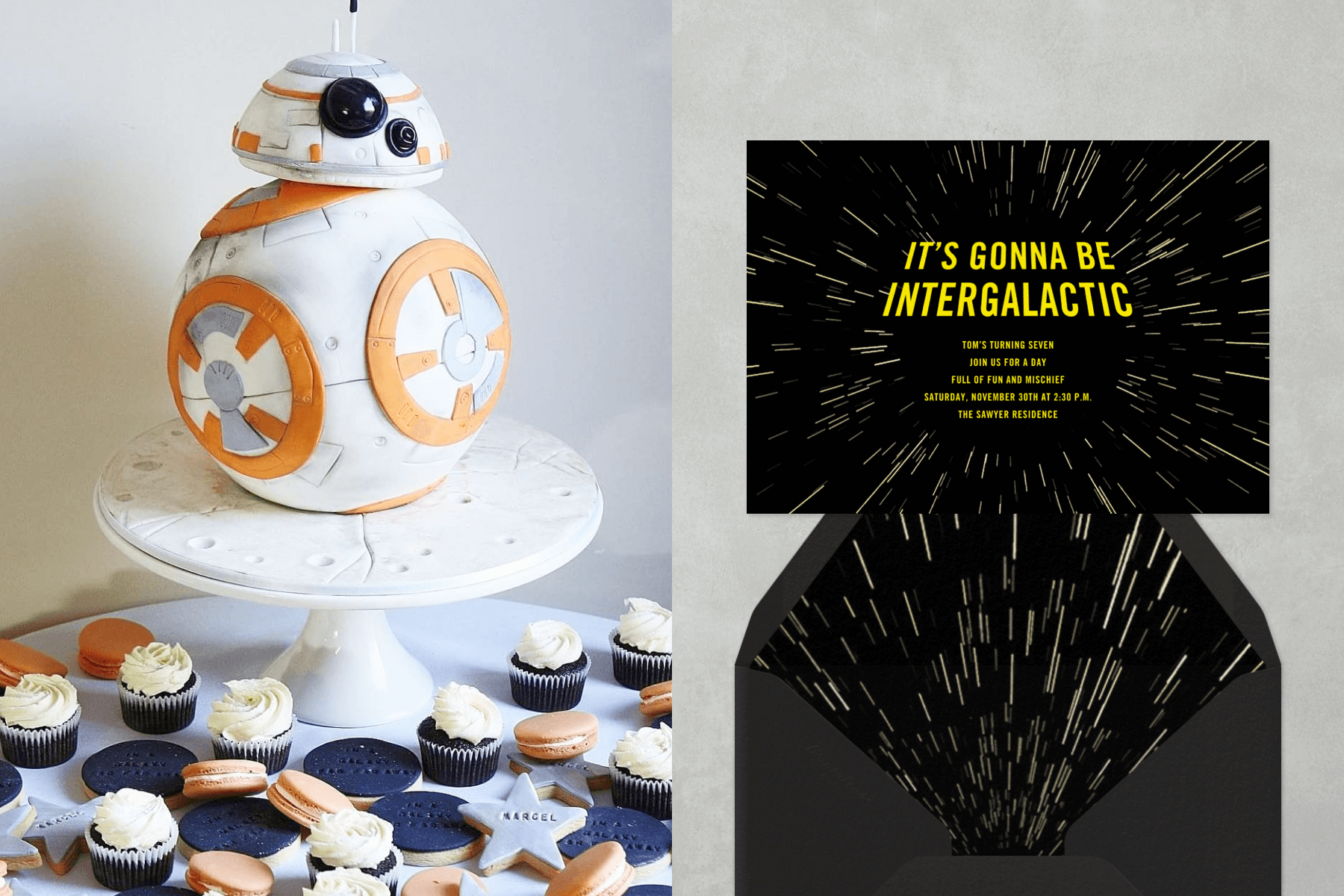 ‘Star Wars’ BB-8-shaped cake; a black ‘Star Wars ’-intro-inspired invitation with yellow stars and lettering.