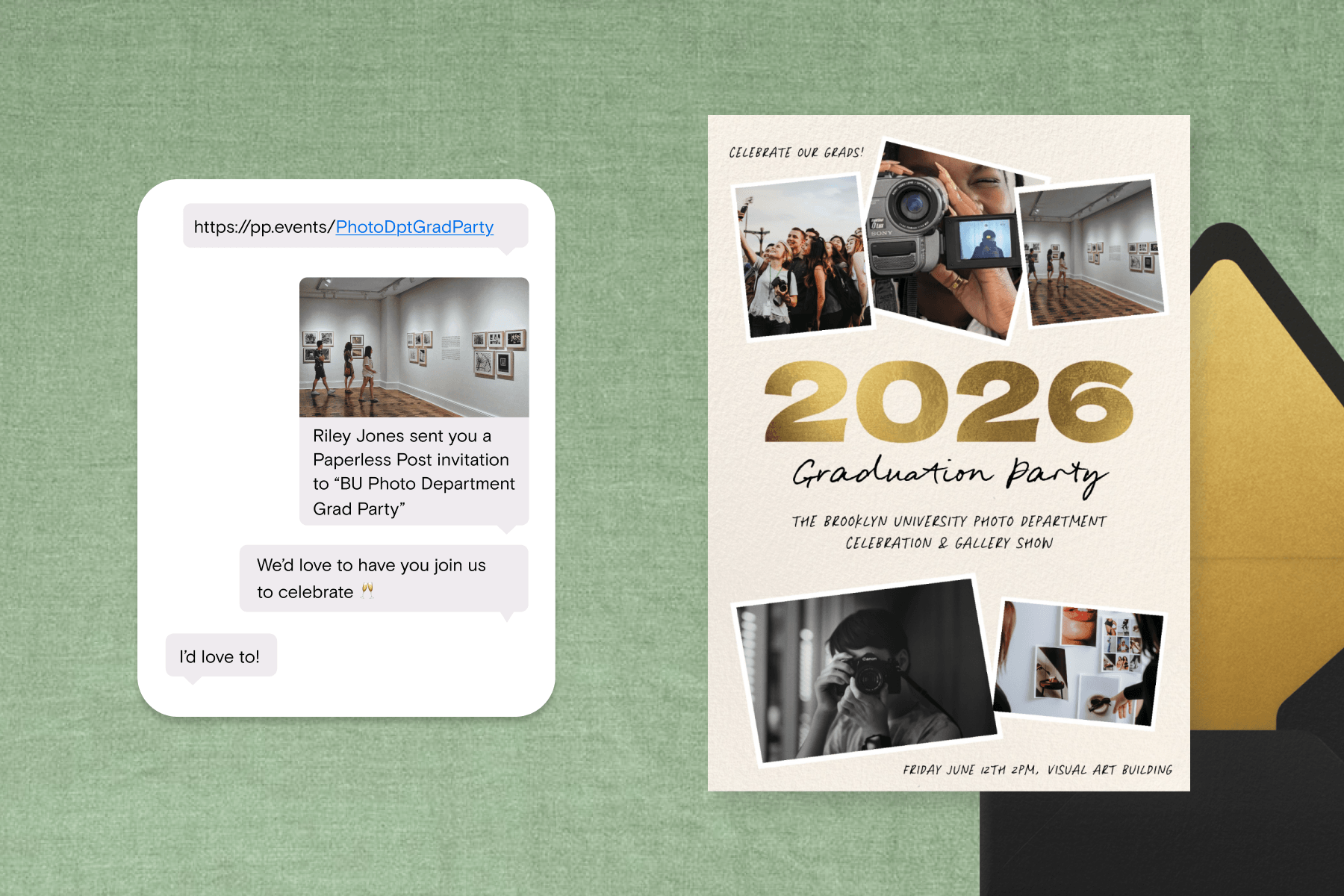 Left: A UI example of a Shareable Link feature, with the host sending the link to an attendee. Right: A 2026 graduation party invitation featuring photos of the graduate next to a black-and-gold envelope against a green textured backdrop. 