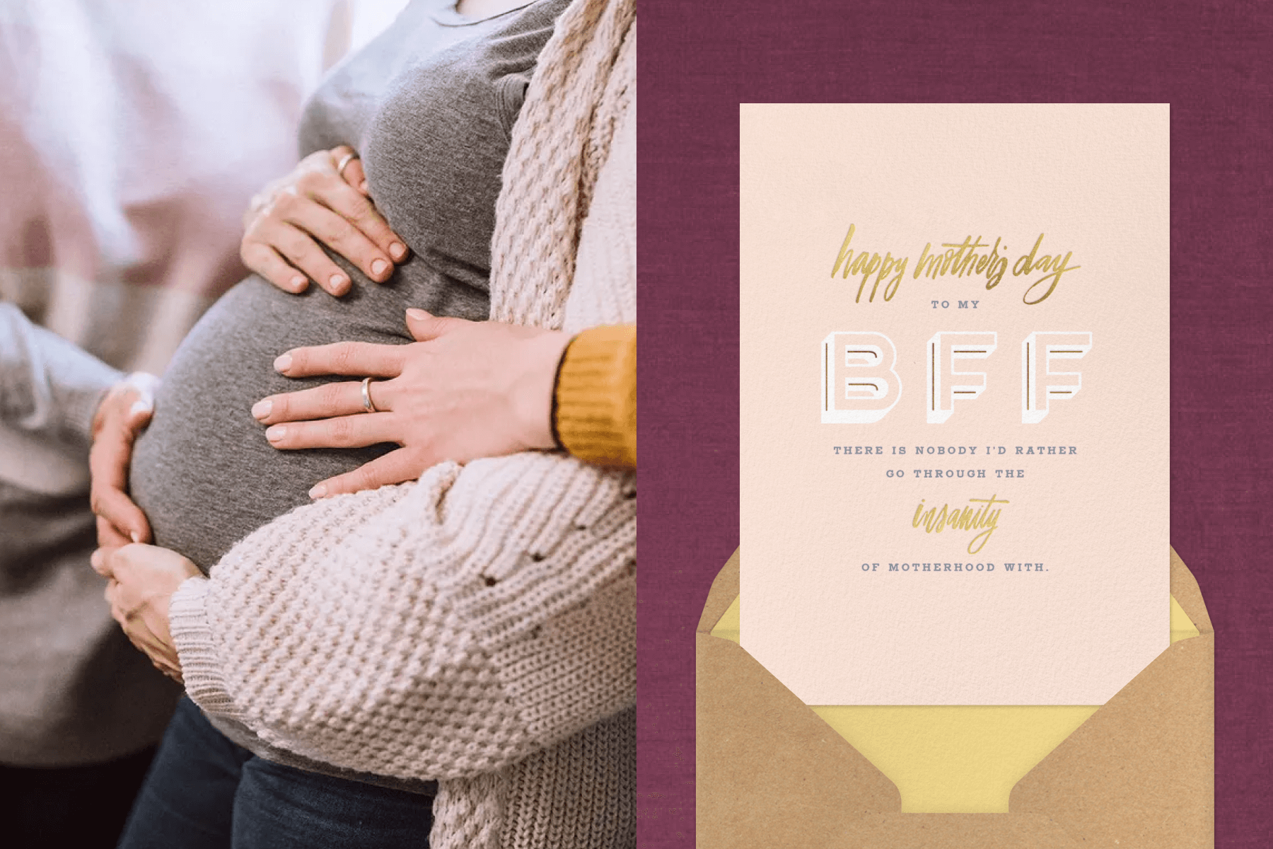 Several hands touch a pregnant woman’s belly; a pink card reads ‘happy Mother’s Day to my BFF.’