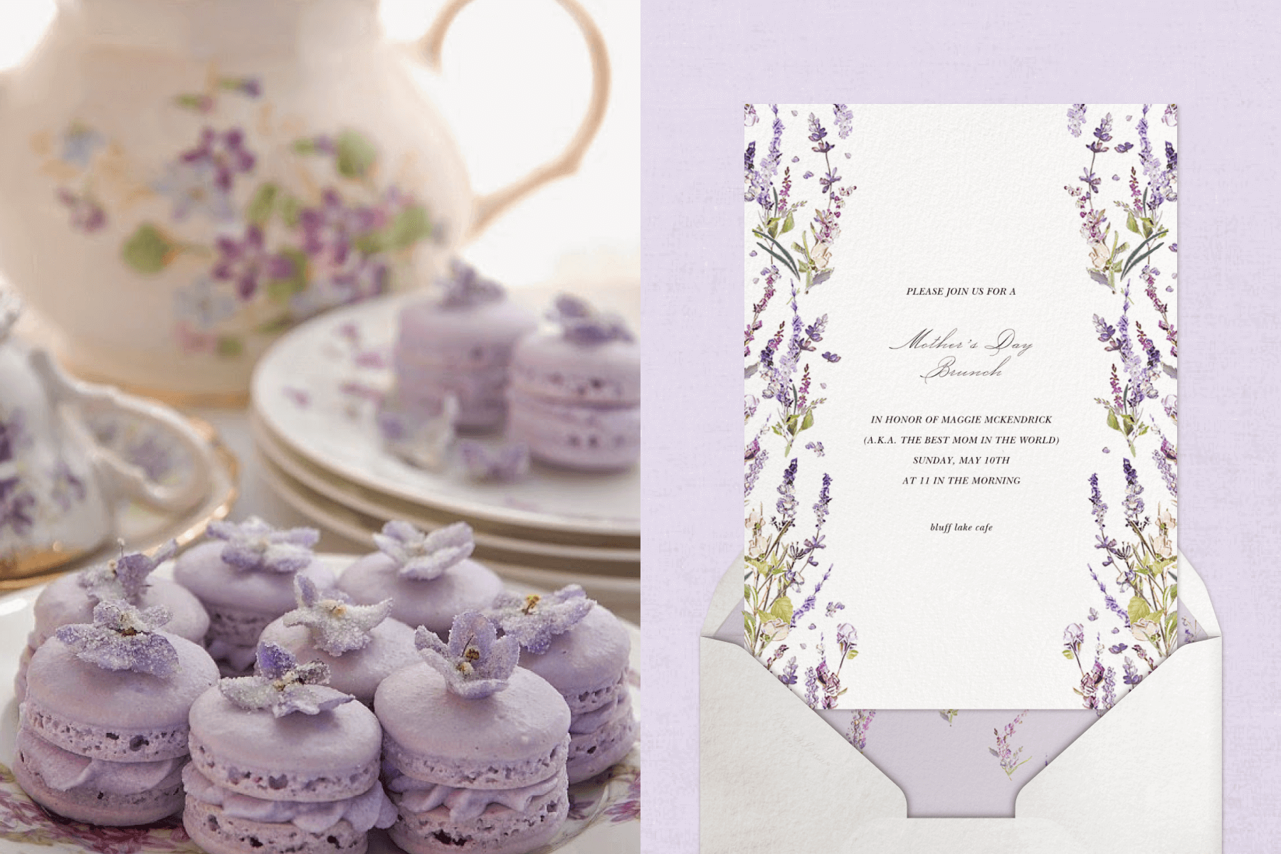 Light purple macarons with floral dishes and a pitcher; an invitation with a border of lavender flowers.