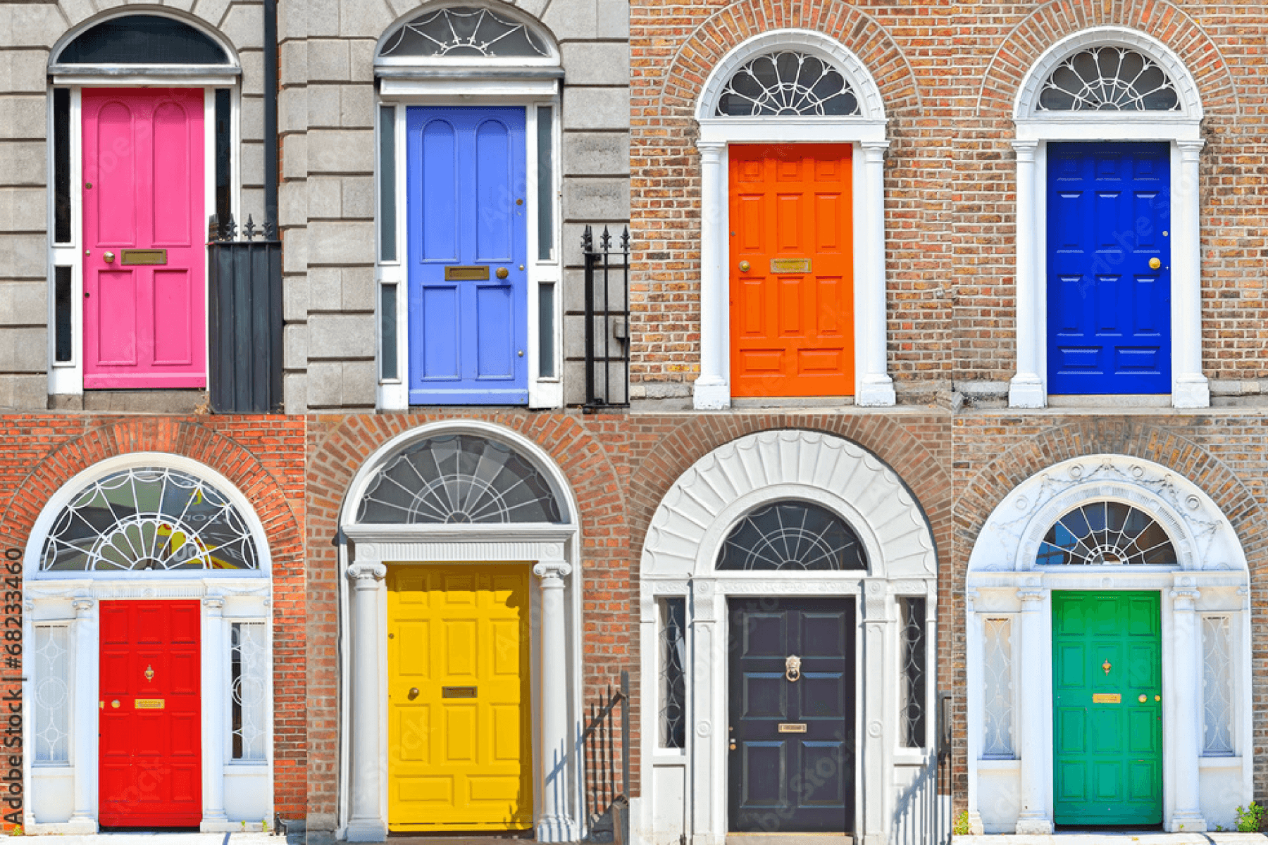 Eight colorful front doors on brick facades.