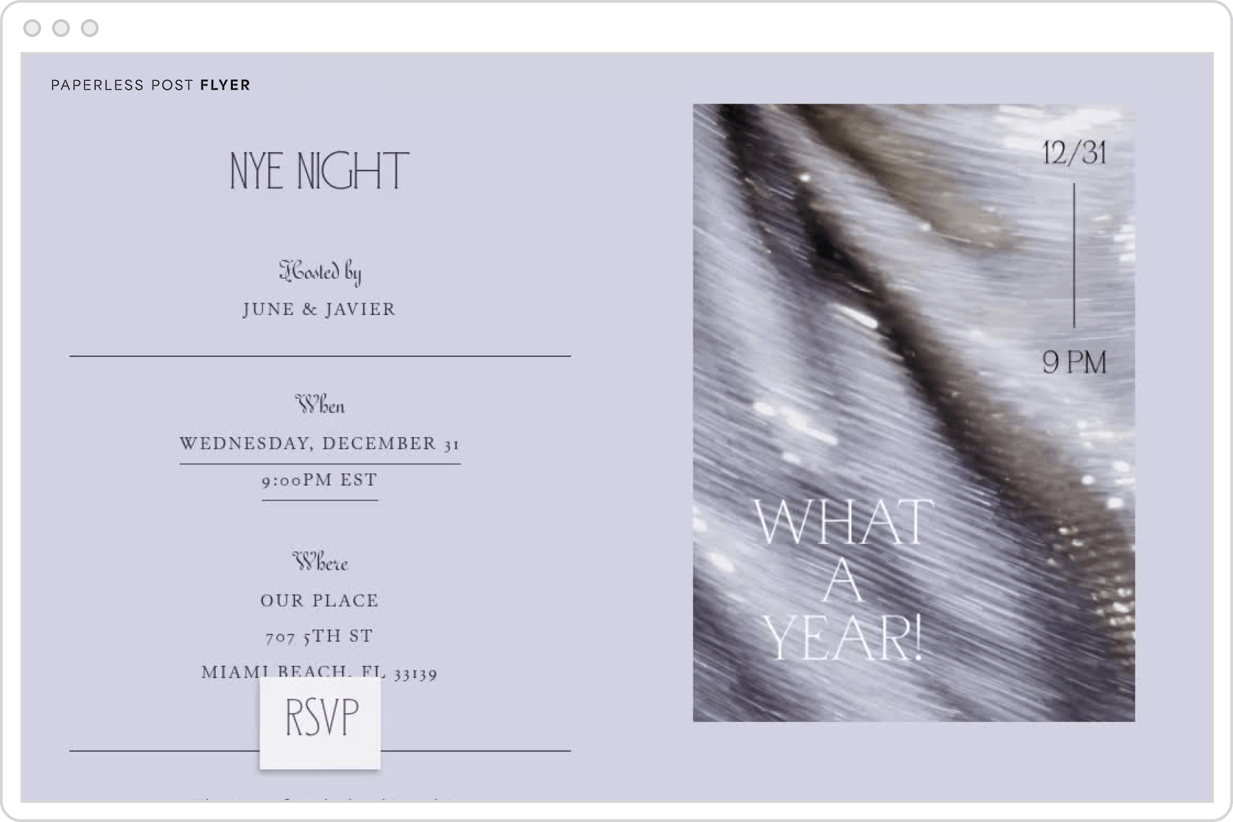 A digital invitation page for a New Year’s Eve party featuring a light purple background and a graphic of blurry sequined fabric and text overlay that reads ‘what a year!’