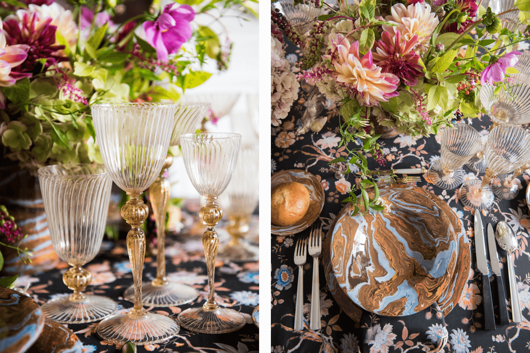 Left: Table set with gold-tinted glassware on a black floral tablecloth with purple flower arrangements. Right: Alternate view of the same table with maroon and light blue marbled plates. 