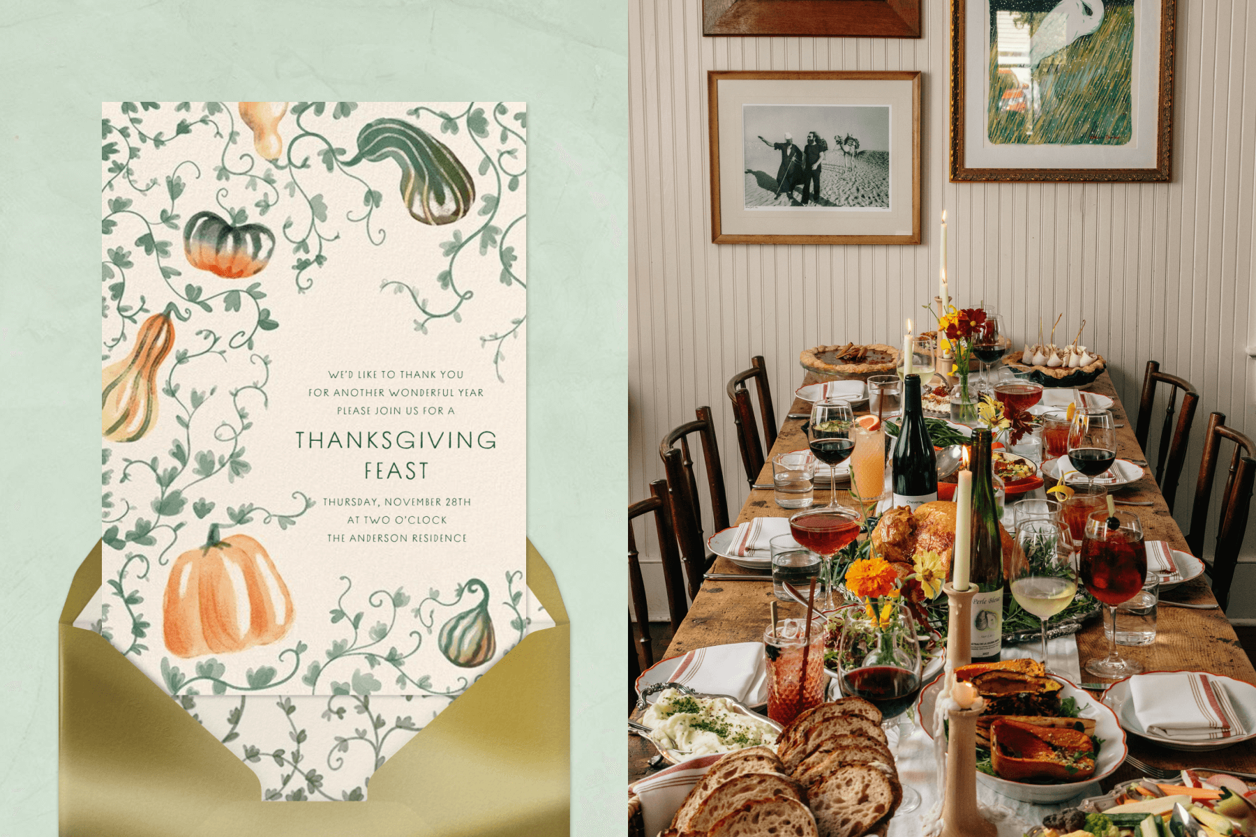 Left: Invitation card for a Thanksgiving Feast that is decorated with orange pumpkins and green gourds. Right: Thanksgiving table set with food, drinks, taper candles, and flowers. 