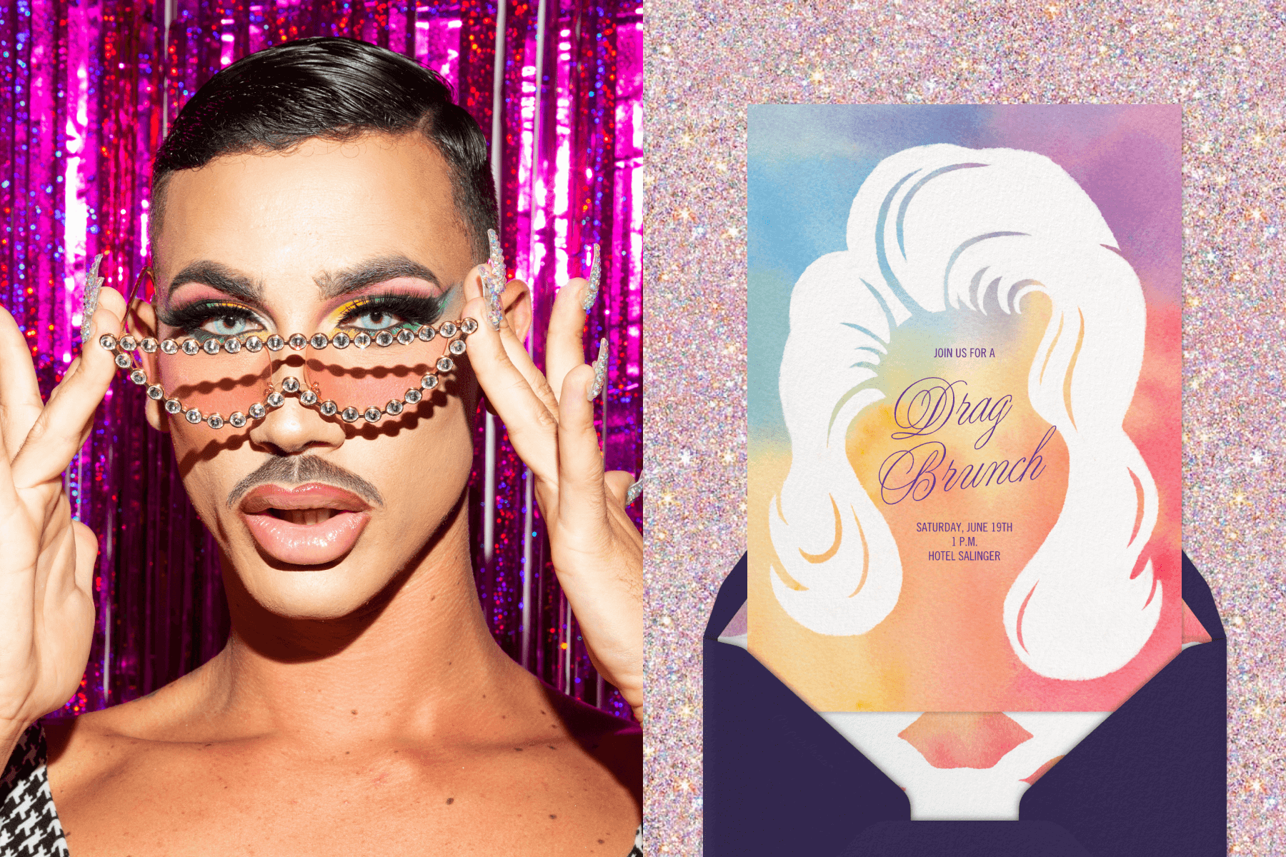 A person holding up sequinned sunglasses to their face in front of a wall decorated with hot pink streamers; An invitation for a drag brunch with an illustration of a large white wig over tie-dye rainbow colors.