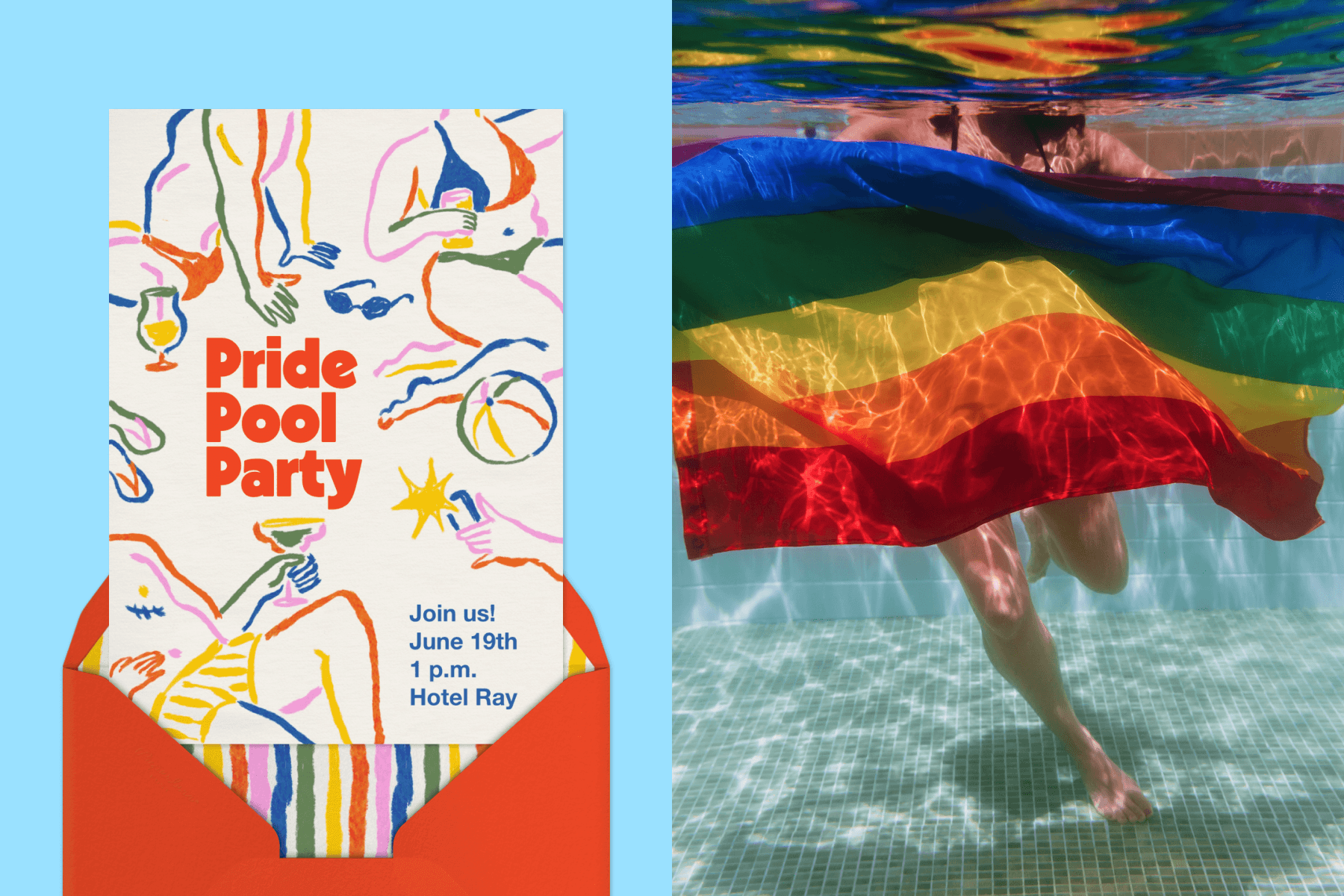 ALT: LEFT: A white Pride pool party invitation with multicolored illustrations of bodies with sunglasses, beach toys, and drinks emerges from a red envelope with rainbow lining on a blue backdrop. RIGHT: A person waves a rainbow flag underwater.