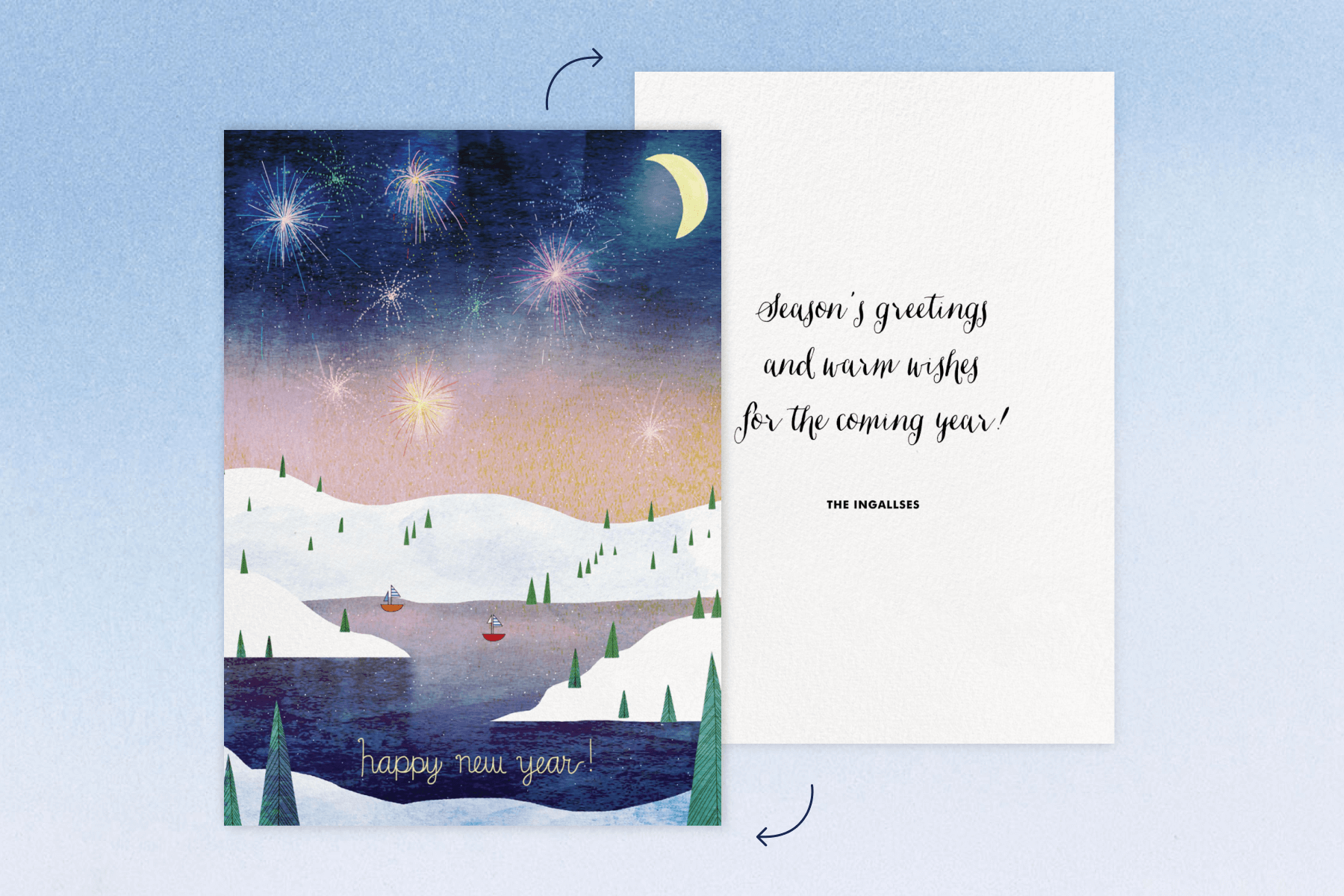 A two-sided New Year card with a wintry scene of a mountain lake with fireworks and a moon above.