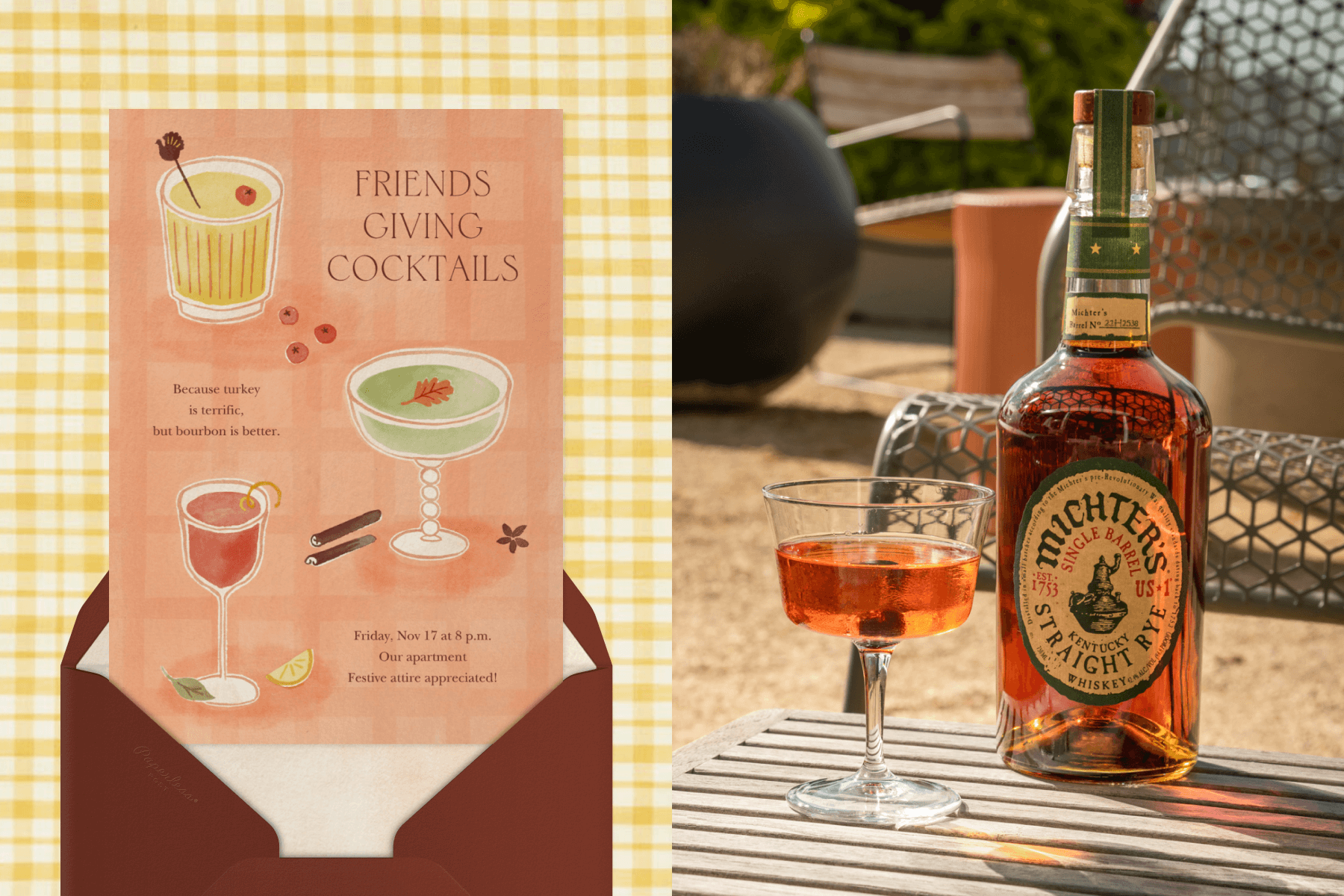 Left: A pink invitation for Friendsgiving cocktails has illustrations of three autumnal pastel cocktails. Right: A bottle of Rye next to a coupe glass filled with Rye in an outdoor setting.