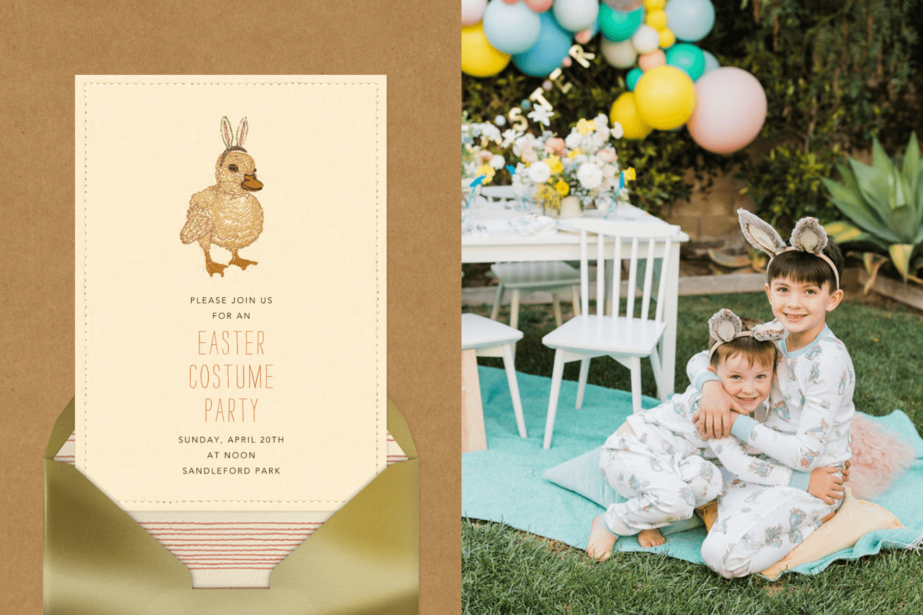 Left: An Easter invitation with an embroidered detail of a duckling wearing rabbit ears; Right: two young boys wearing rabbit ears posing in front of Easter décor.