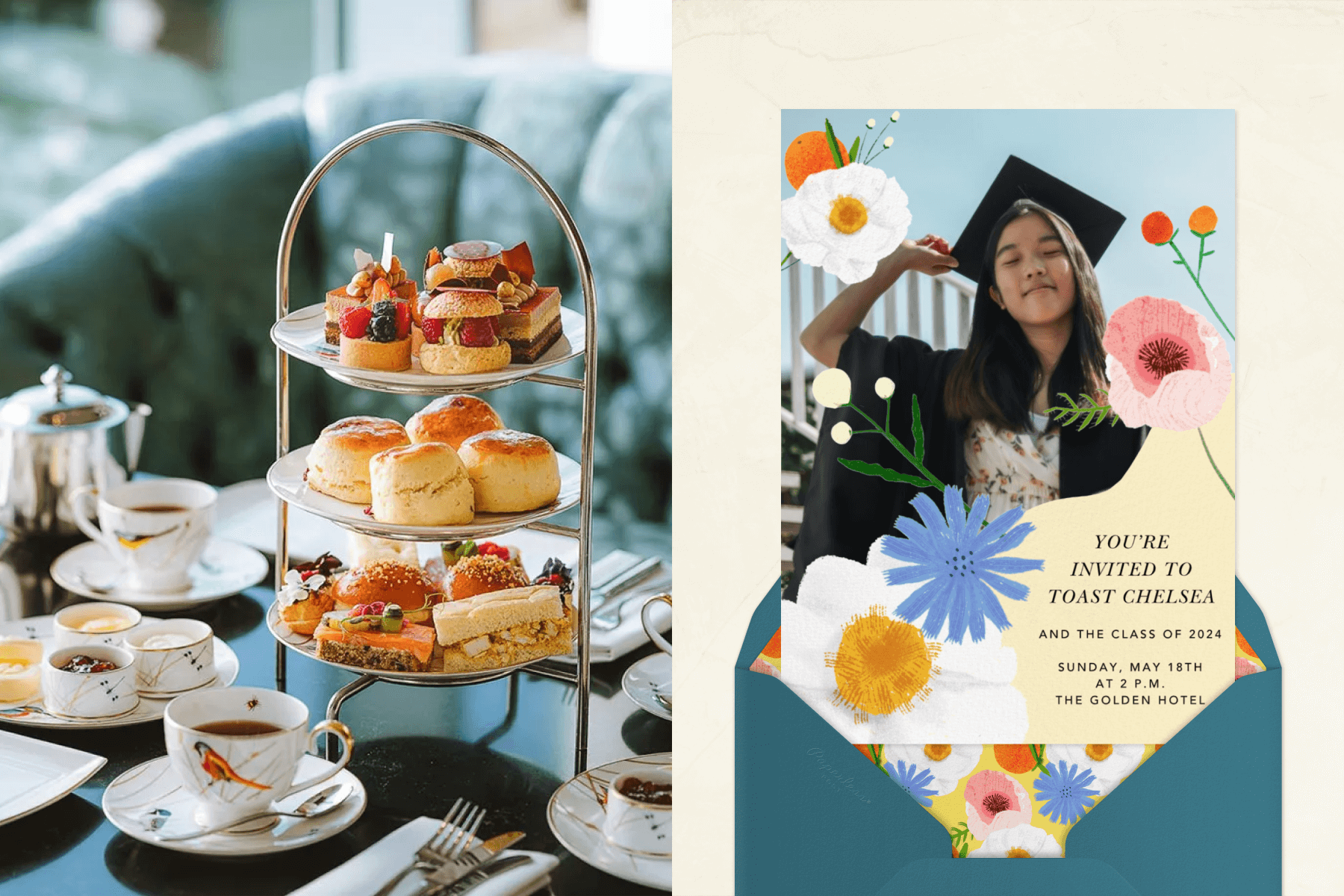 finger sandwiches on a three-tiered platter and tea cups and saucers; an invitation with a photo of a young woman in a cap and gown and colorful flowers overlapping the image