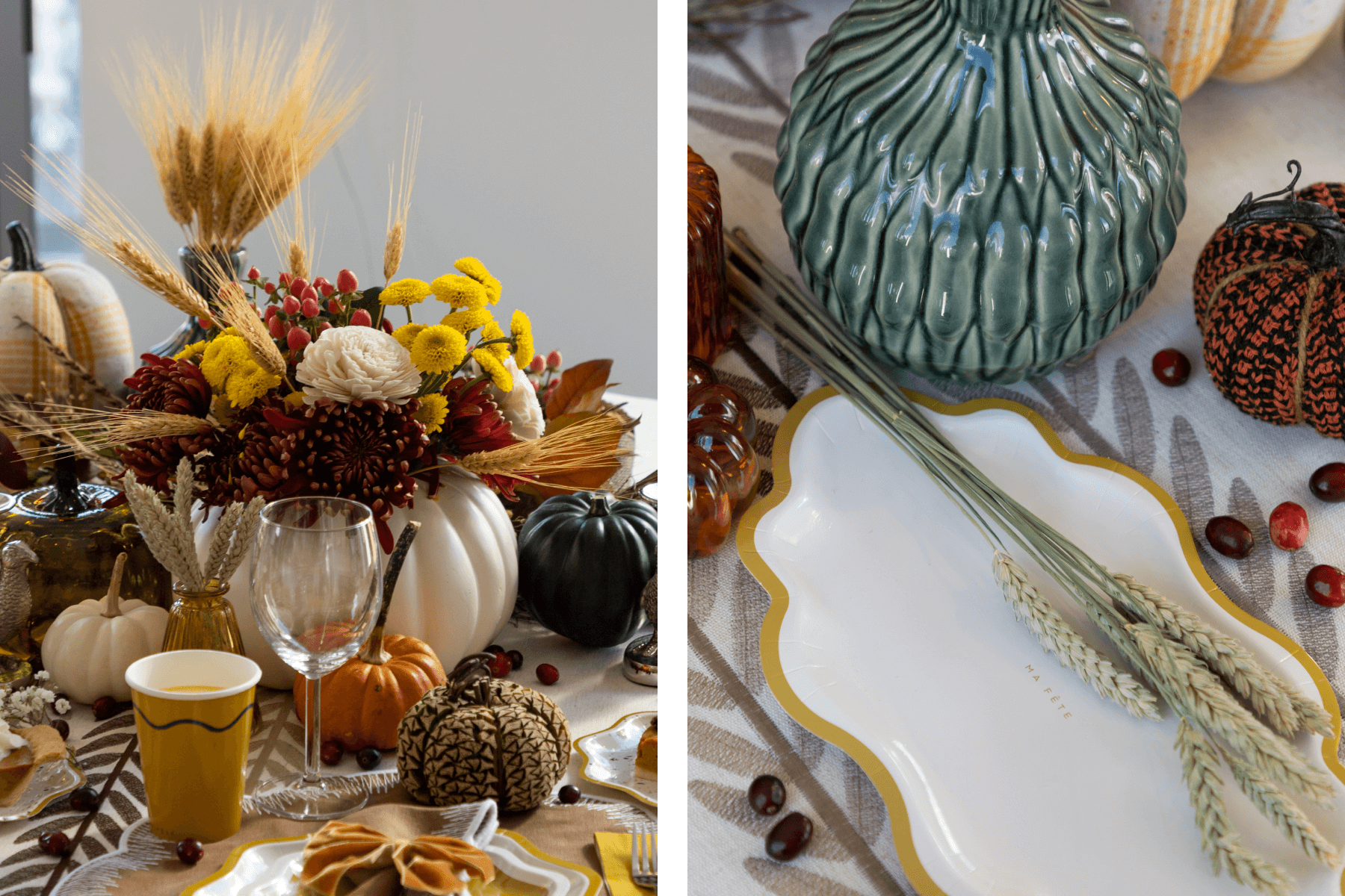 Left: A fall floral arrangement in a white pumpkin on a table with glasses and gourds. Right: Sprigs of wheat lie on a scalloped dish with autumnal decorations.