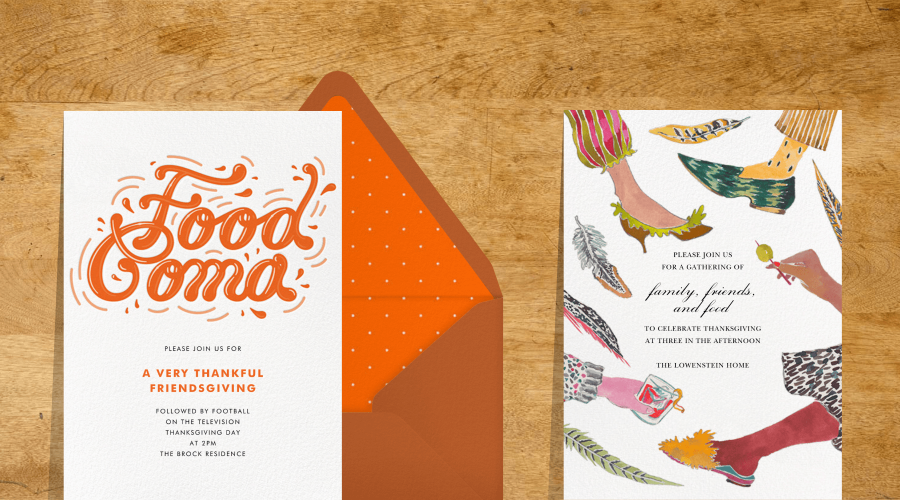 Two Thanksgiving invitations. Left says “Food coma” in orange bubble letters. Right says “family friends and food” in script with illustrations of colorful feet in shoes, hands holding drinks, and feathers around the border.