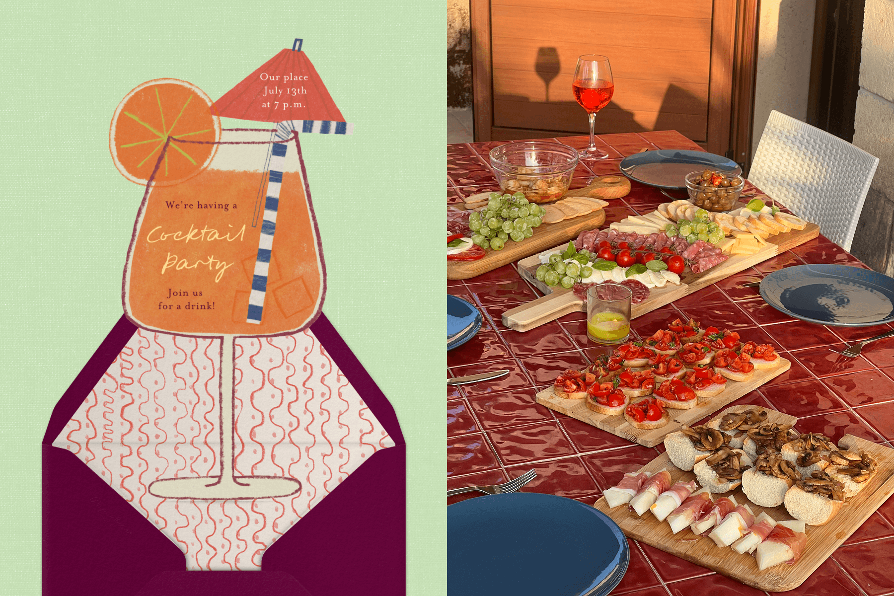 An engagement party invitation in the shape of a cocktail with an umbrella paired with a burgundy envelope and patterned envelope liner; A table featuring a spread of Italian appetizers on wood platters.