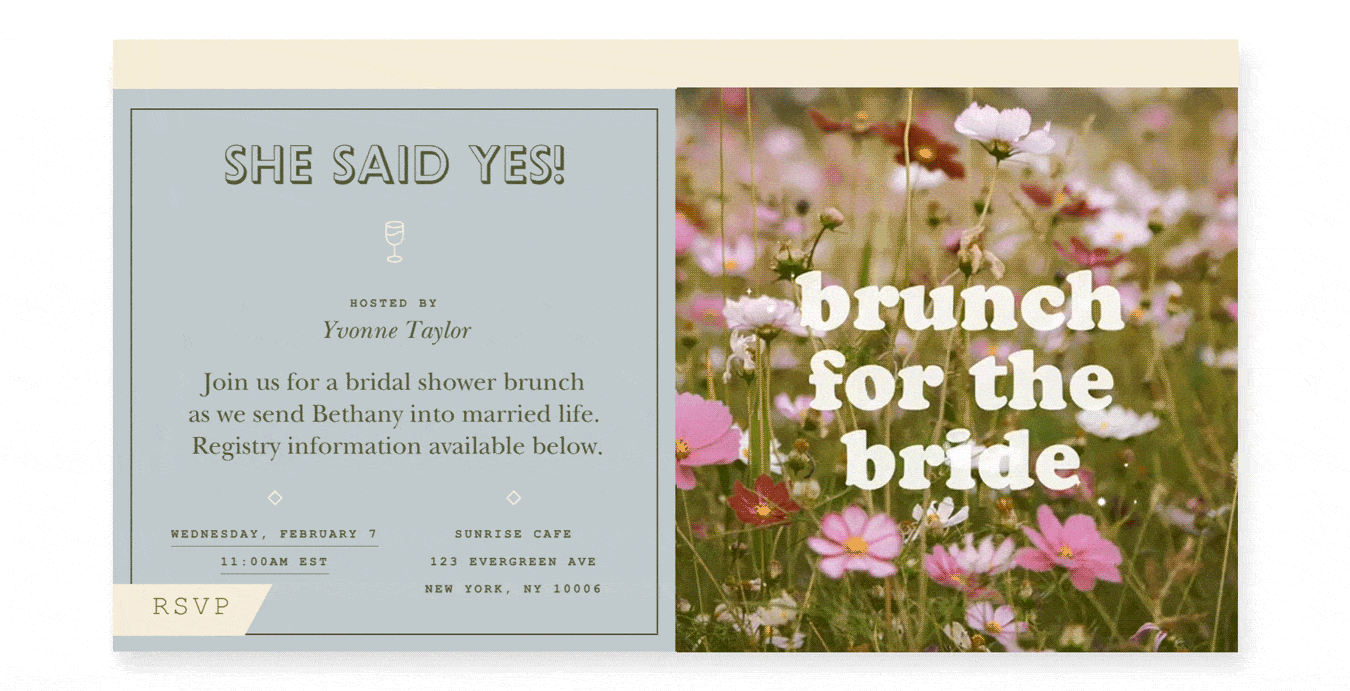 An animated online invite says ‘she said yes’ and ‘brunch for the bride’ with pink wildflowers.