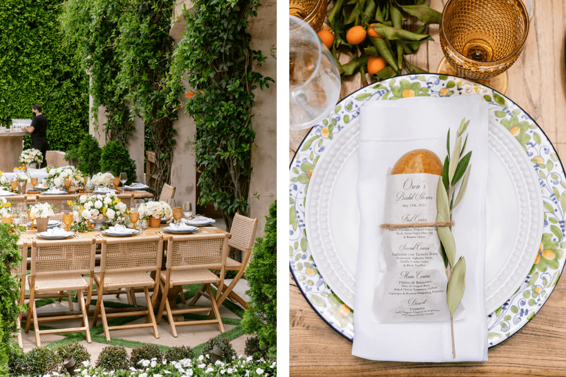 Rattan chairs and banquet tables at a greenery-filled outdoor space; a place setting with citrus details and a dinner roll in a sleeve with a menu on it and olive branch