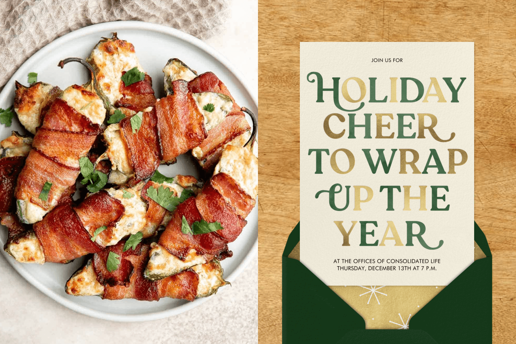 Bacon-wrapped jalapeno poppers on a dish; a card reads “holiday cheer to wrap up the year” in green and gold block letters.