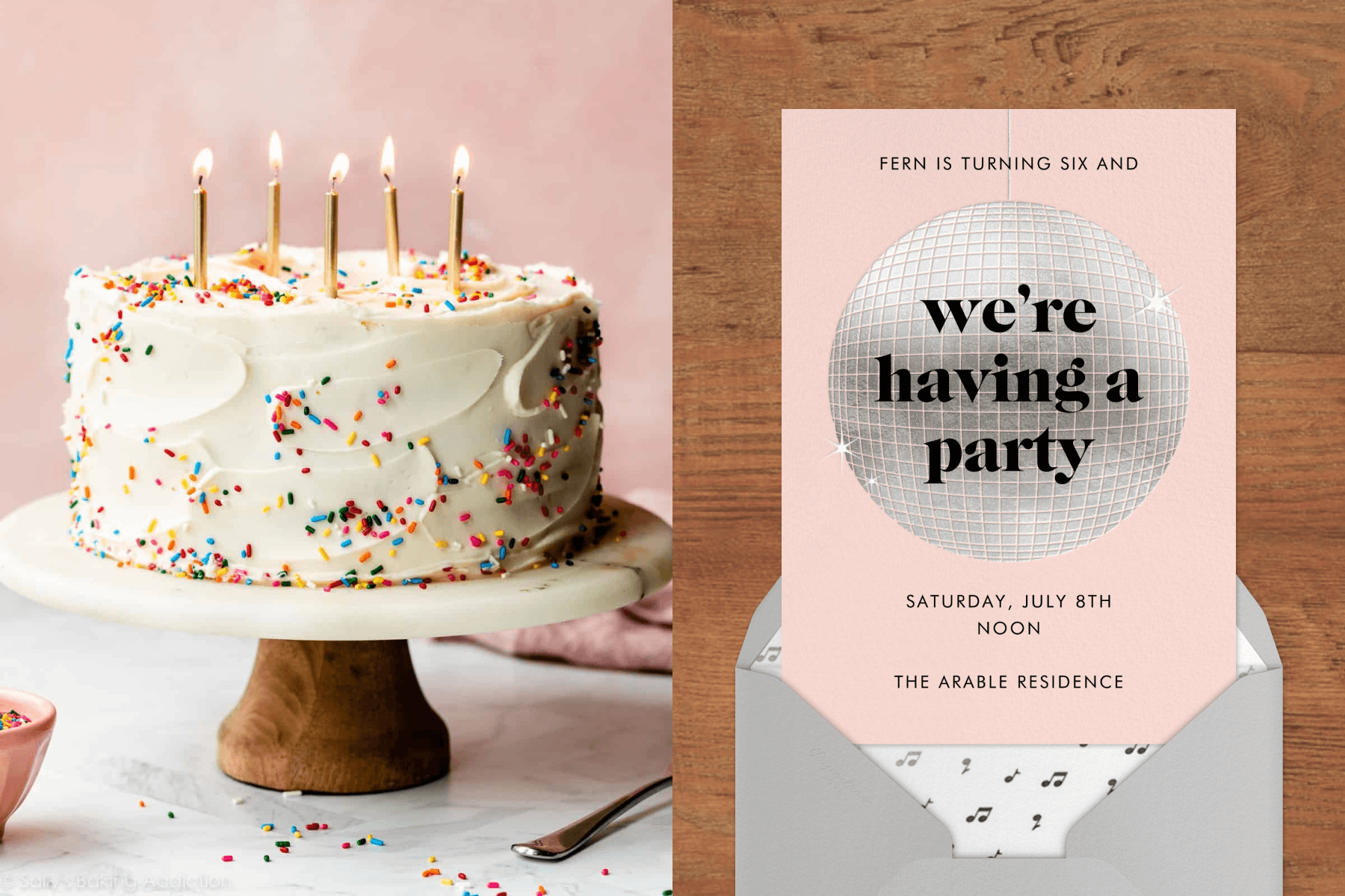 Left: A white frosted birthday cake on a pedestal stand with rainbow sprinkles and 5 gold candles on top. Right: A pink invitation with a disco ball in the center reads “We’re having a party” in black font.