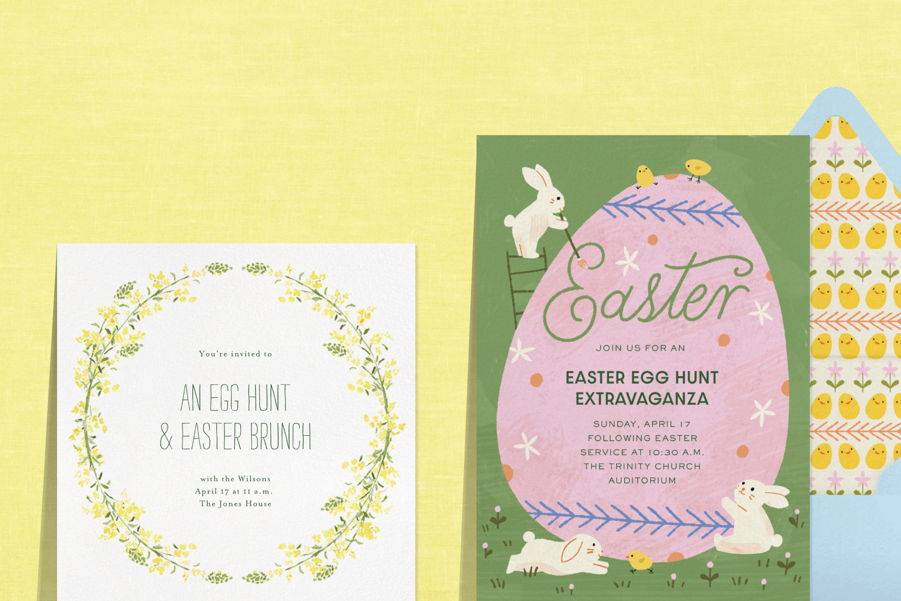A white square invitation for an egg hunt with a circular wreath of yellow and green florals; an Easter invitation featuring a giant pink egg, three bunnies surrounding it, and three small yellow birds, atop a light blue envelope with yellow birds on the lining; both invitations sit against a light yellow background.