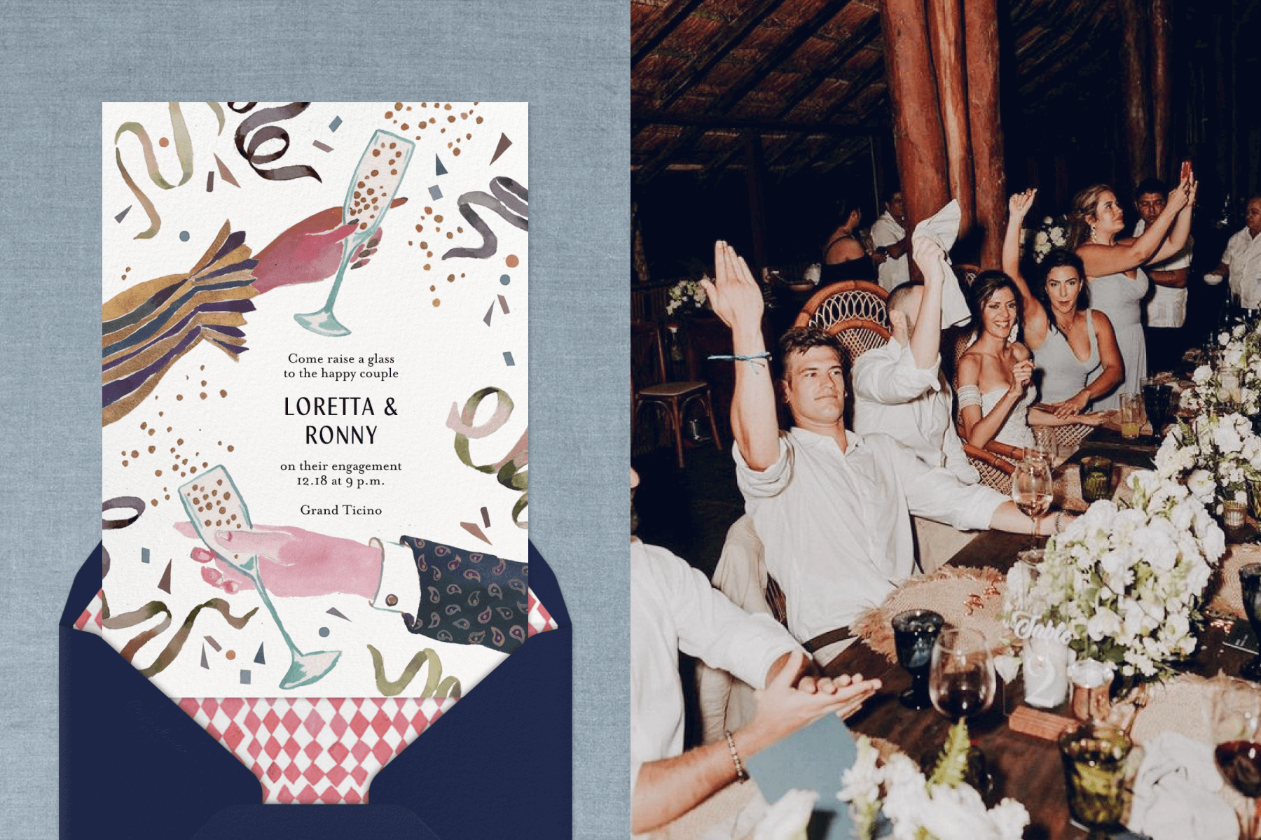 Left: An engagement party invitation featuring illustrations of hands with Champagne; Right: Guests at an event raising their hands in the air.
