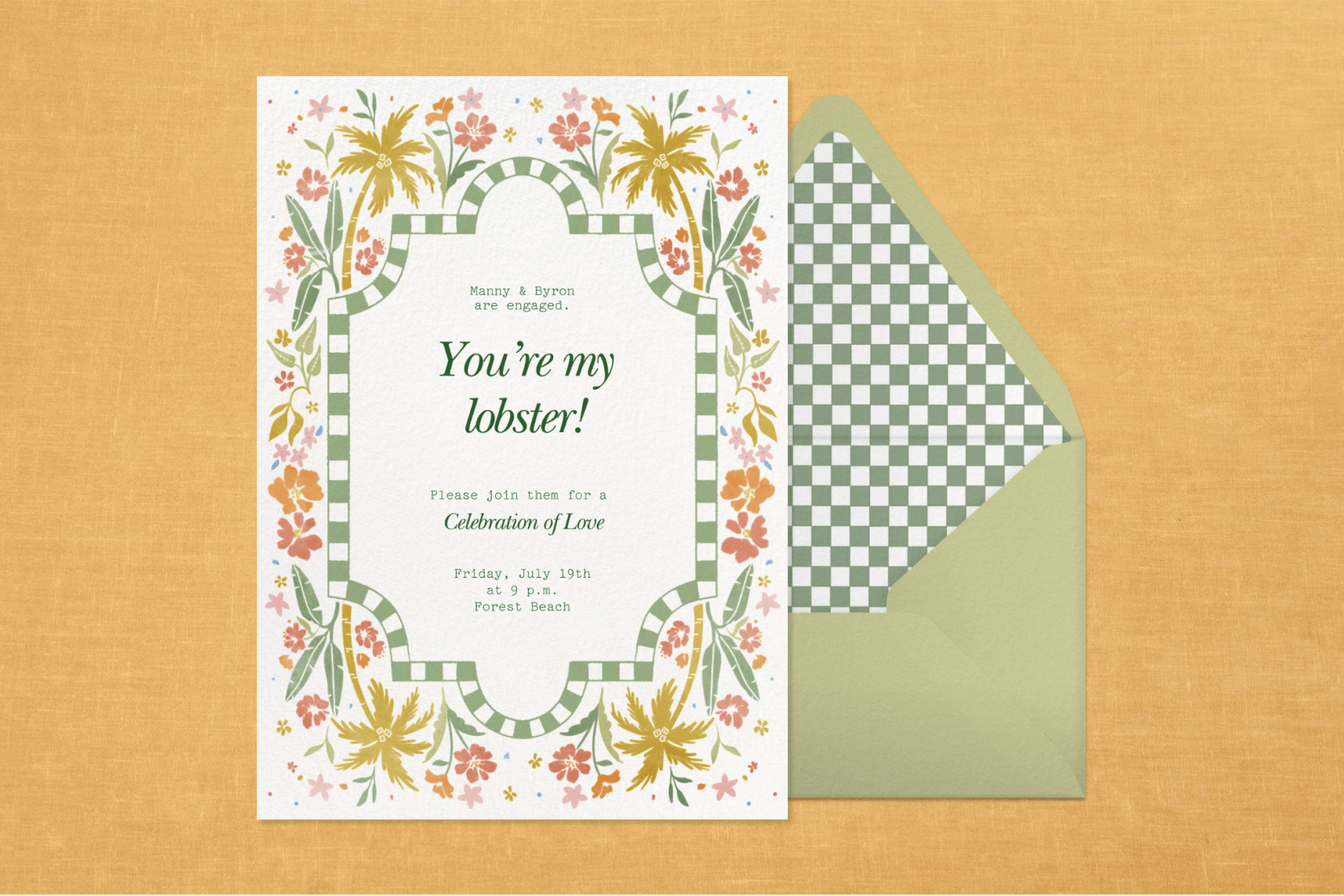 A floral and palm tree engagement party invitation with a green checked envelope.